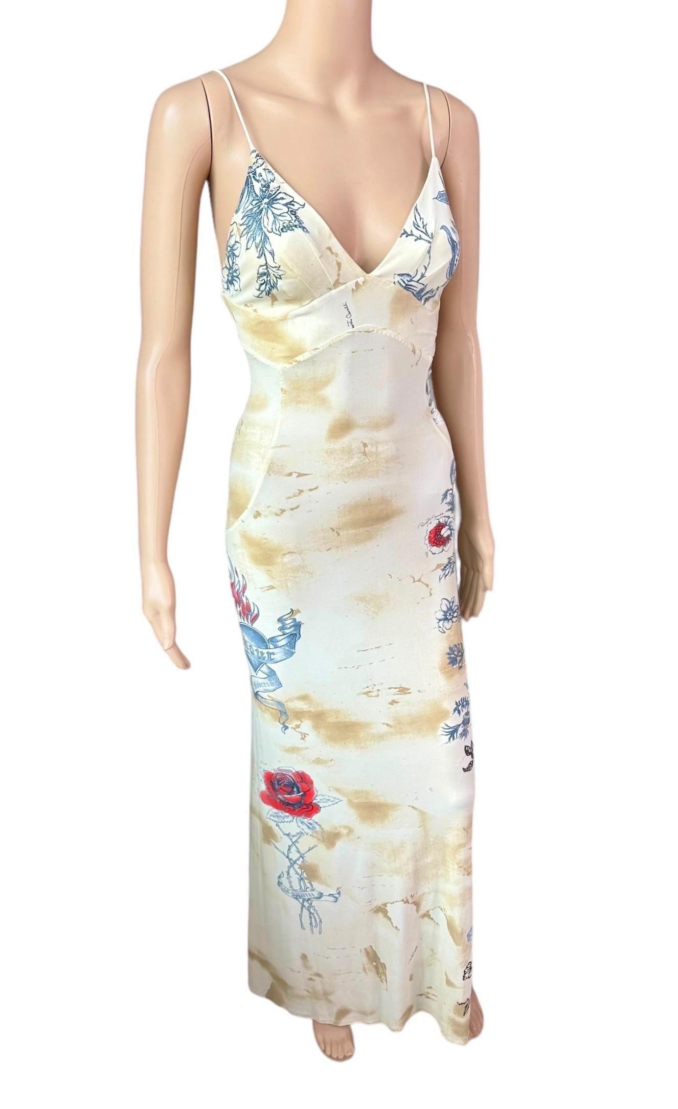 Roberto Cavalli S/S 2003 Vestido de noche con estampado de tatuajes y escote Bodycon Maxi Gris en venta