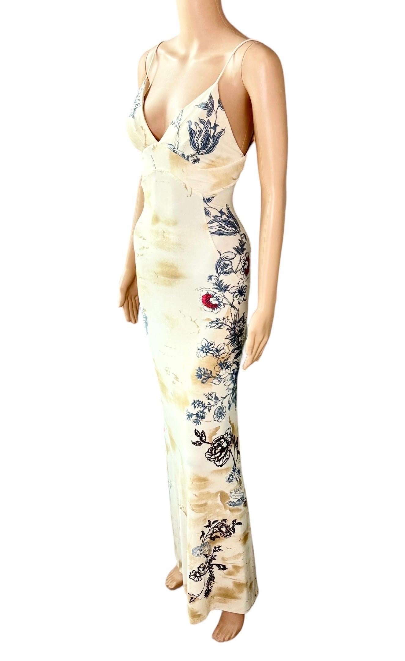 Roberto Cavalli S/S 2003 Vestido de noche con estampado de tatuajes y escote Bodycon Maxi en Bueno estado para la venta en Naples, FL