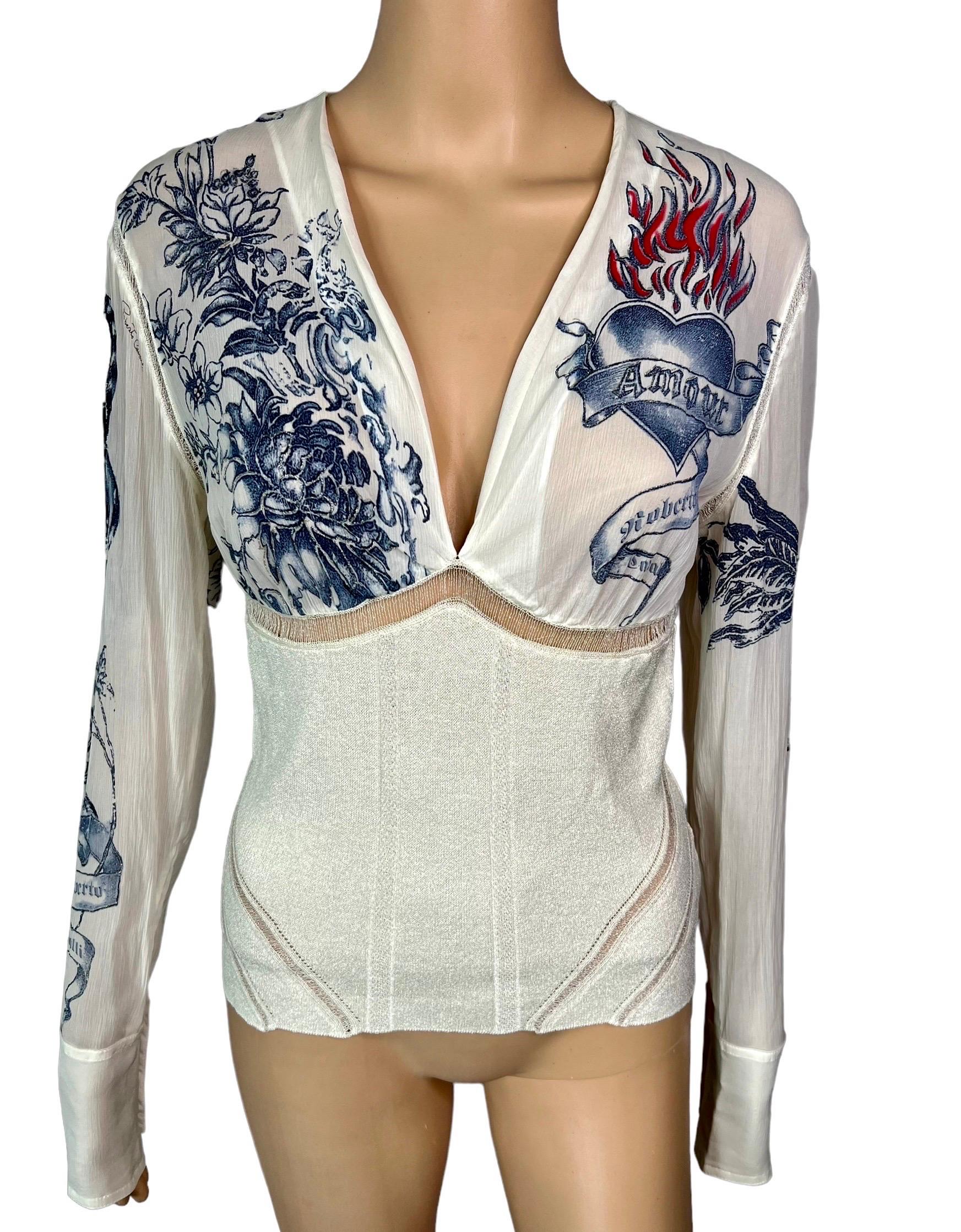 Gray Roberto Cavalli S/S 2003 Tattoo Print Plunging Silk Knit Sheer Panels Blouse Top For Sale