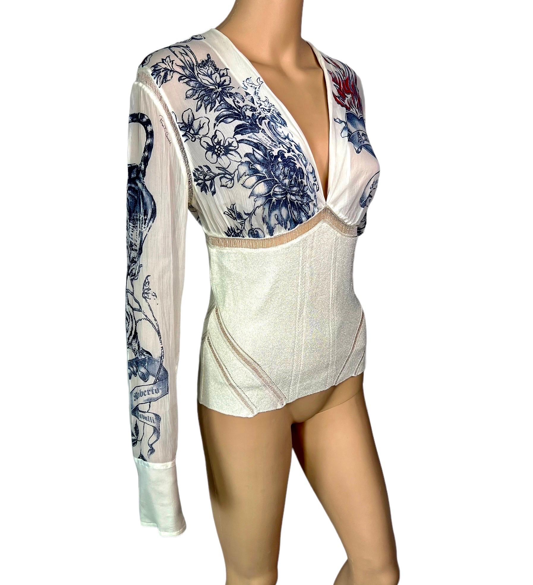 Roberto Cavalli S/S 2003 Tattoo Print Plunging Silk Knit Sheer Panels Blouse Top In Excellent Condition For Sale In Naples, FL