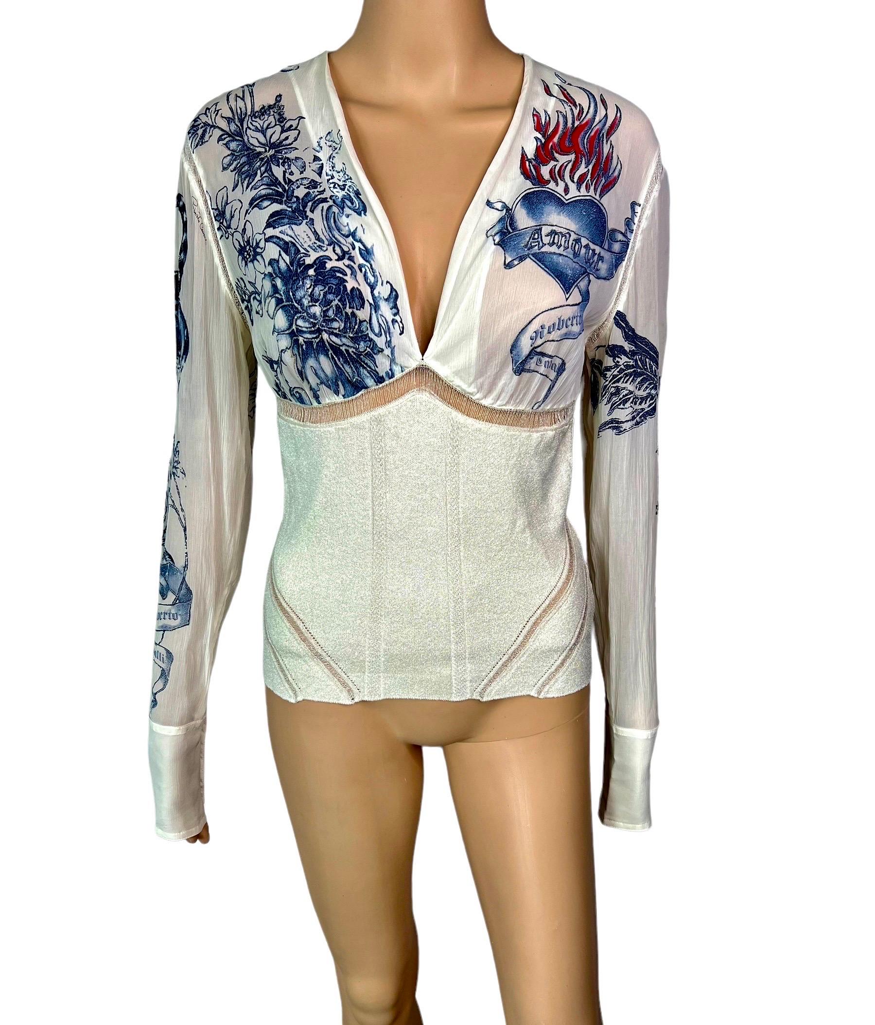 Women's Roberto Cavalli S/S 2003 Tattoo Print Plunging Silk Knit Sheer Panels Blouse Top For Sale
