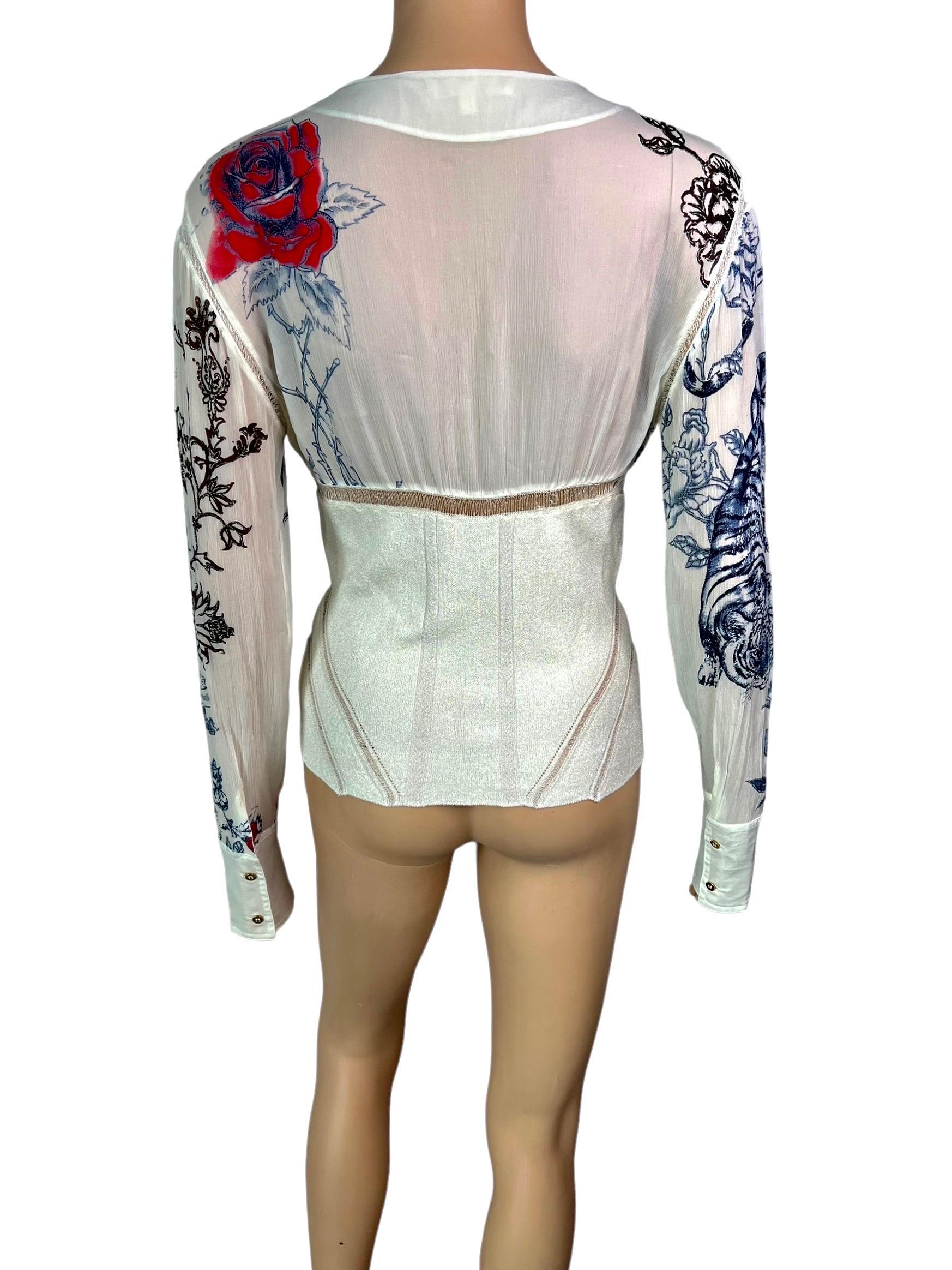 Roberto Cavalli S/S 2003 Tattoo Print Plunging Silk Knit Sheer Panels Blouse Top For Sale 1