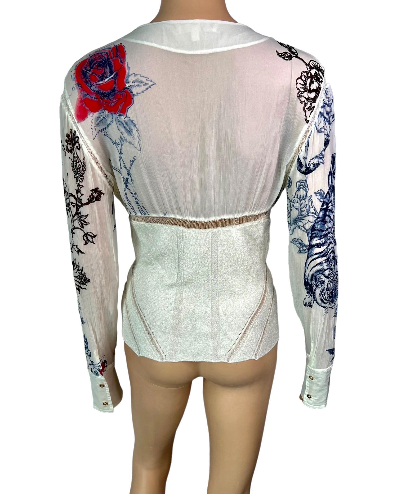 Roberto Cavalli S/S 2003 Tattoo Print Plunging Silk Knit Sheer Panels Blouse Top For Sale 2