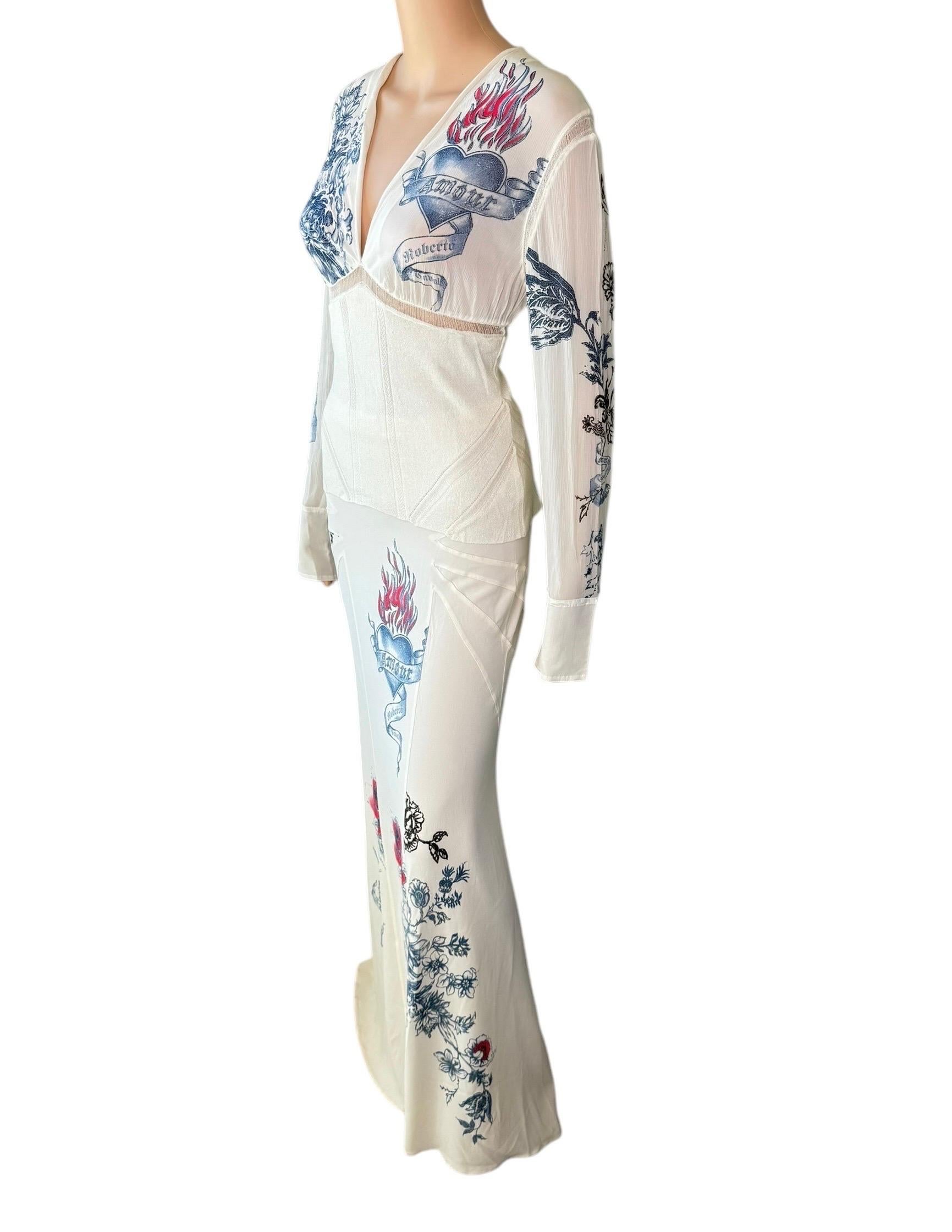 Roberto Cavalli S/S 2003 Estampado de tatuajes Paneles transparentes de punto de seda Blusa Top y Maxifalda Conjunto de 2 piezas 

Talla: la falda es la talla XS. el top es la talla M

Estado: la falda está sin estrenar, el top es de segunda mano en