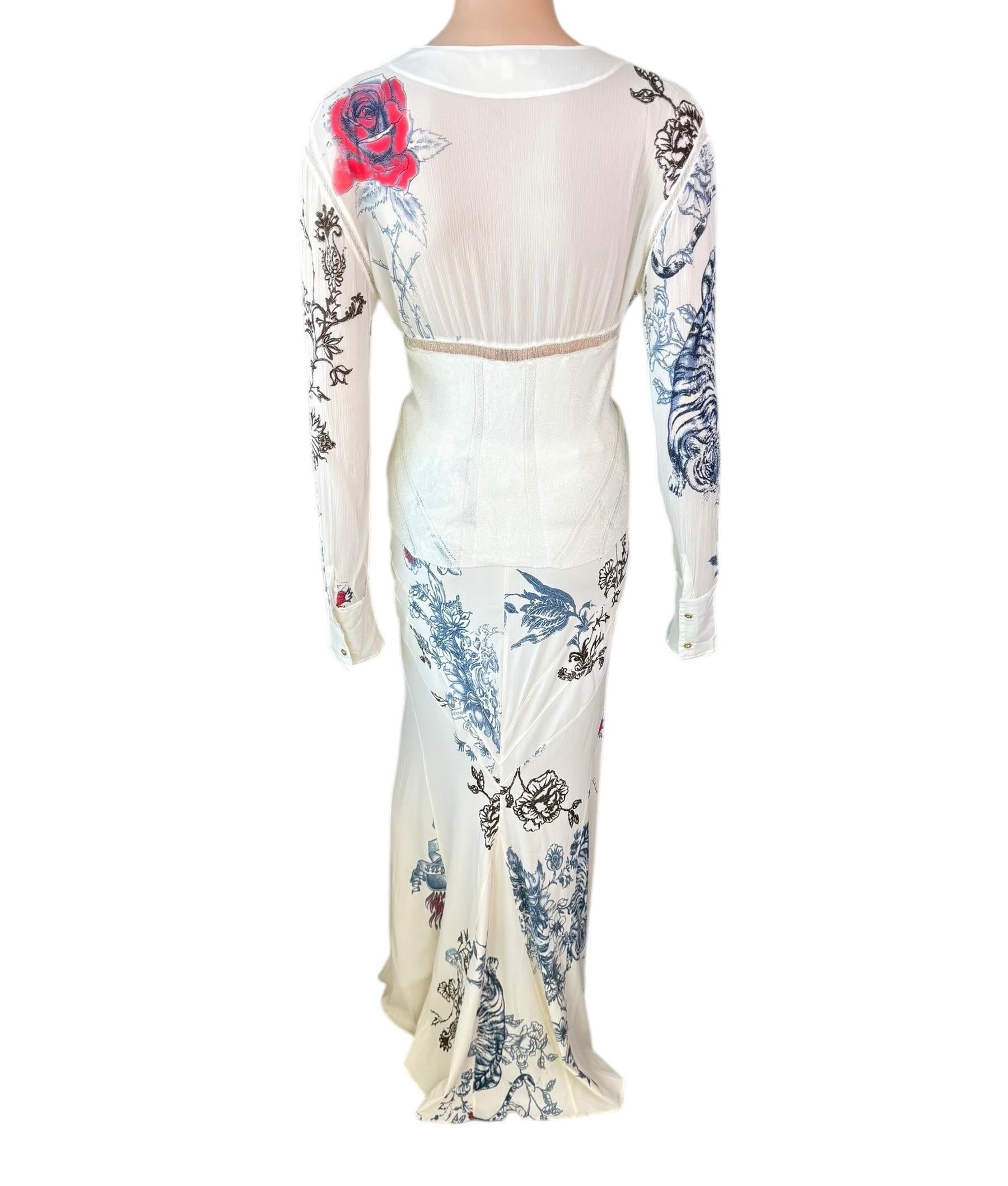 Roberto Cavalli S/S 2003 Tatuaje Paneles transparentes Top y Maxifalda Conjunto 2 piezas Beige en venta