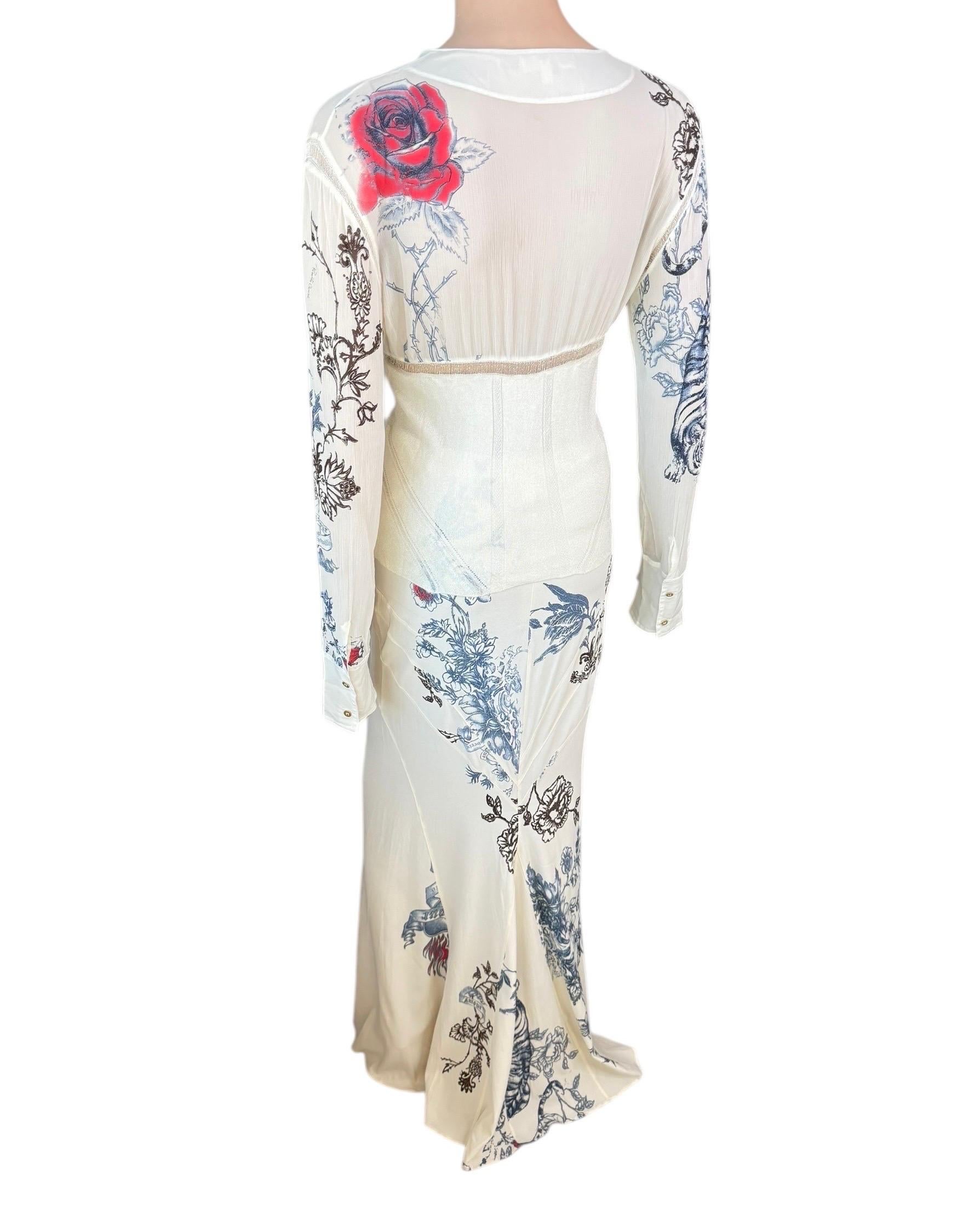 De las mujeres Roberto Cavalli S/S 2003 Tatuaje Paneles transparentes Top y Maxifalda Conjunto 2 piezas en venta