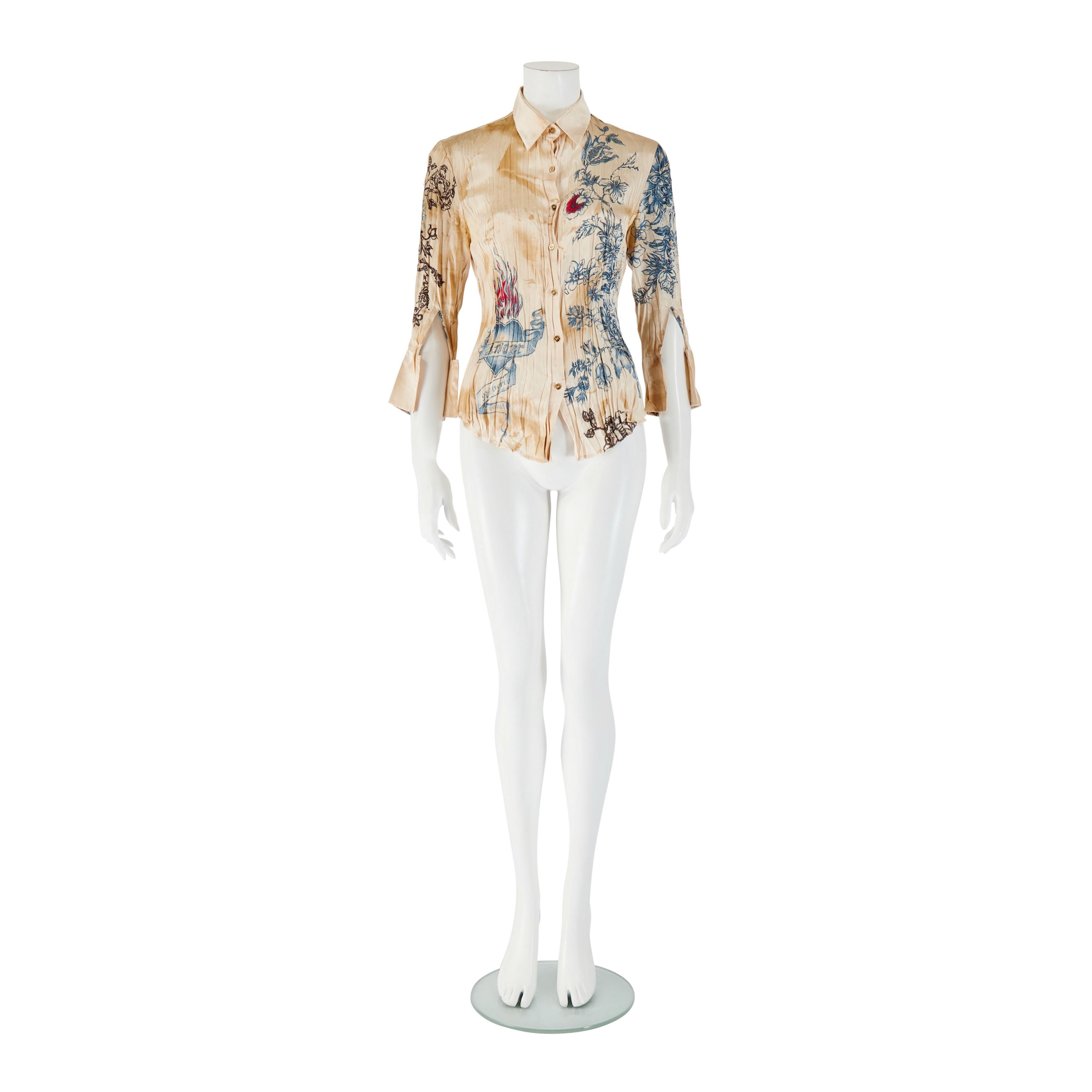 Beige Roberto Cavalli S/S 2003 Tattoo Print Silk Blouse Top For Sale