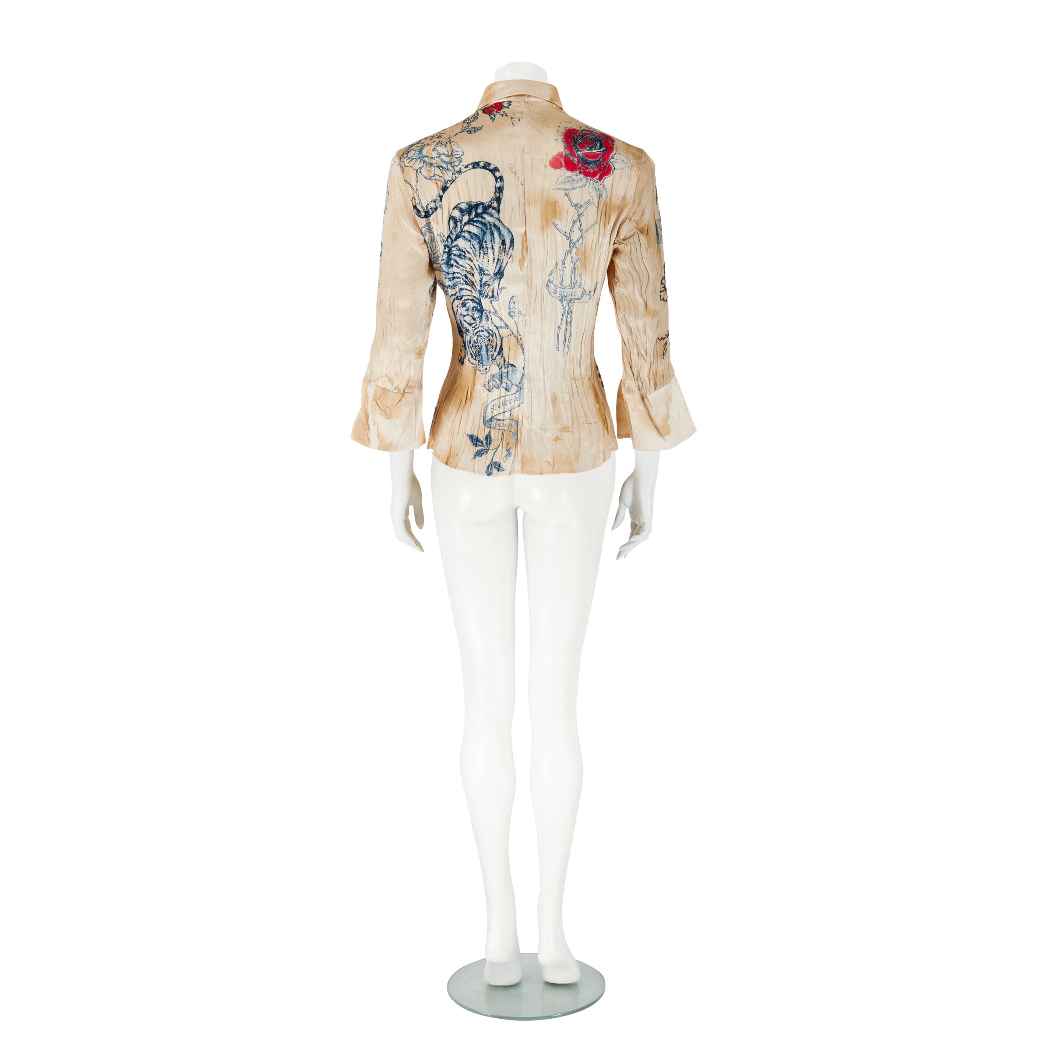 Women's Roberto Cavalli S/S 2003 Tattoo Print Silk Blouse Top For Sale
