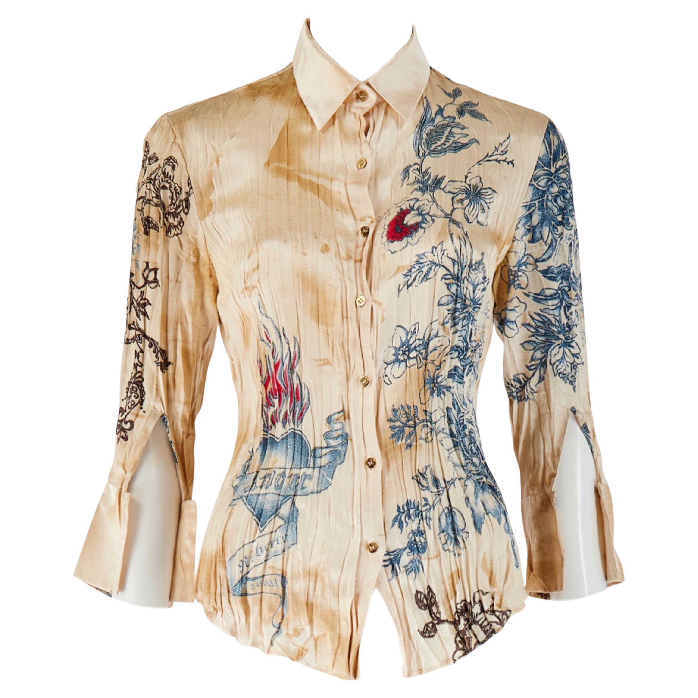 Roberto Cavalli S/S 2003 Tattoo Print Silk Blouse Top For Sale