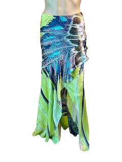 Roberto Cavalli S/S 2004 Asymmetric High-Low Feather Print Silk Train Maxi Skirt