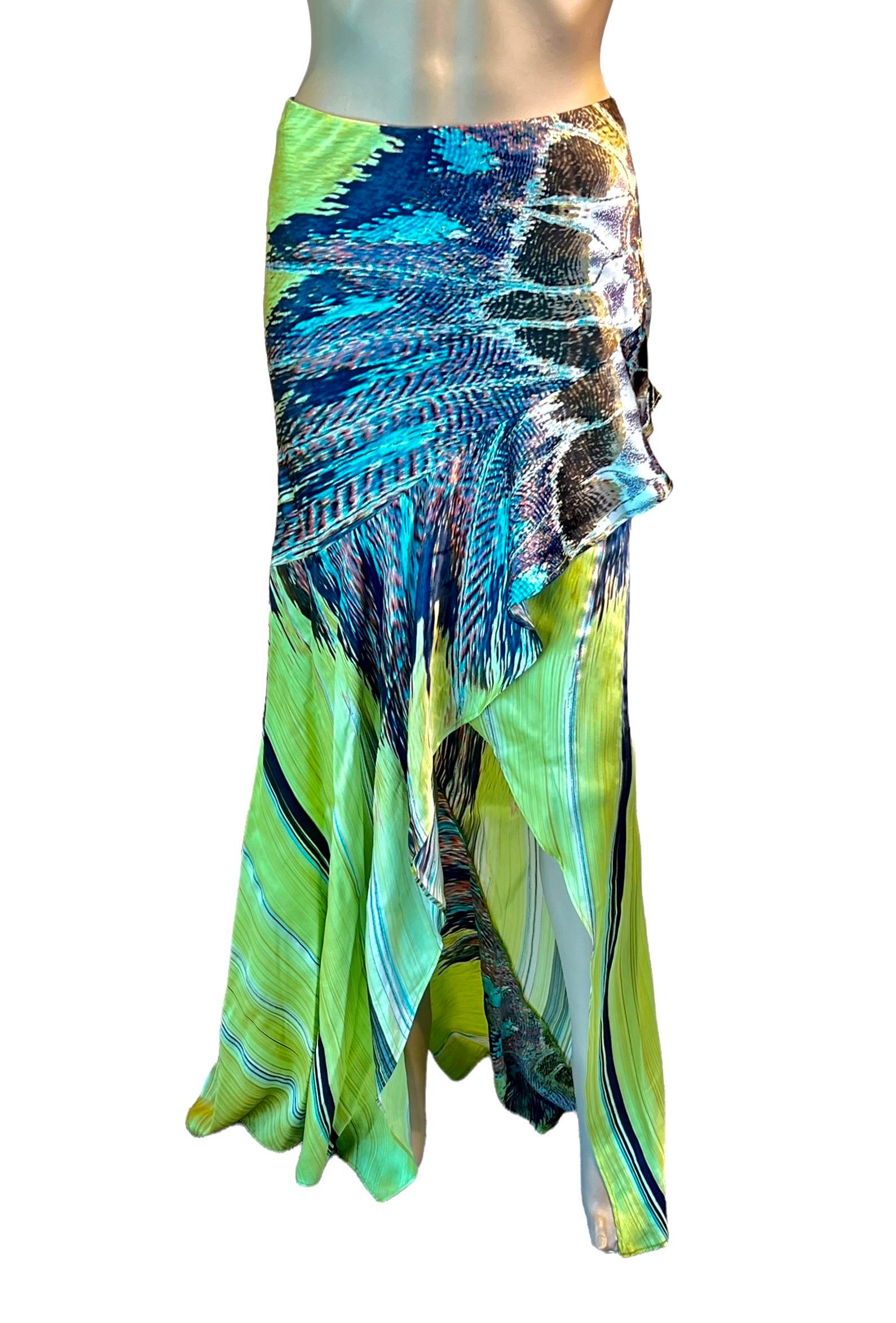 Green Roberto Cavalli S/S 2004 Asymmetric High-Low Feather Print Silk Train Maxi Skirt For Sale