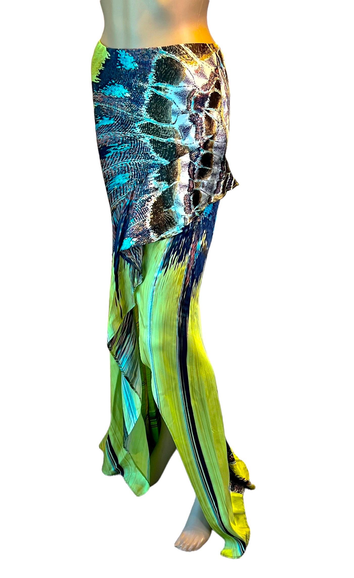 Roberto Cavalli S/S 2004 Asymmetric High-Low Feather Print Silk Train Maxi Skirt In Excellent Condition For Sale In Naples, FL