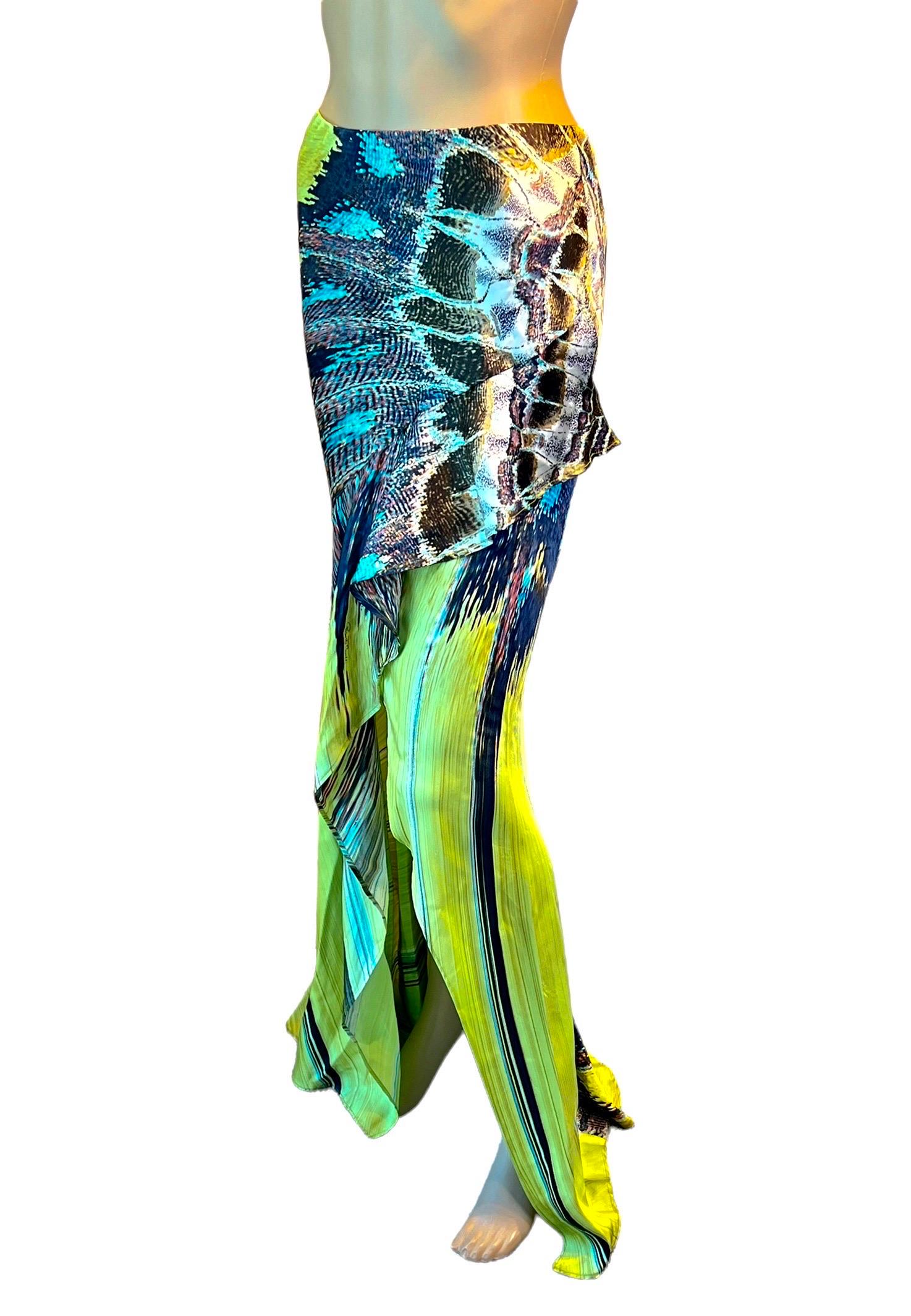 Roberto Cavalli S/S 2004 Asymmetric High-Low Feather Print Silk Train Maxi Skirt For Sale 2
