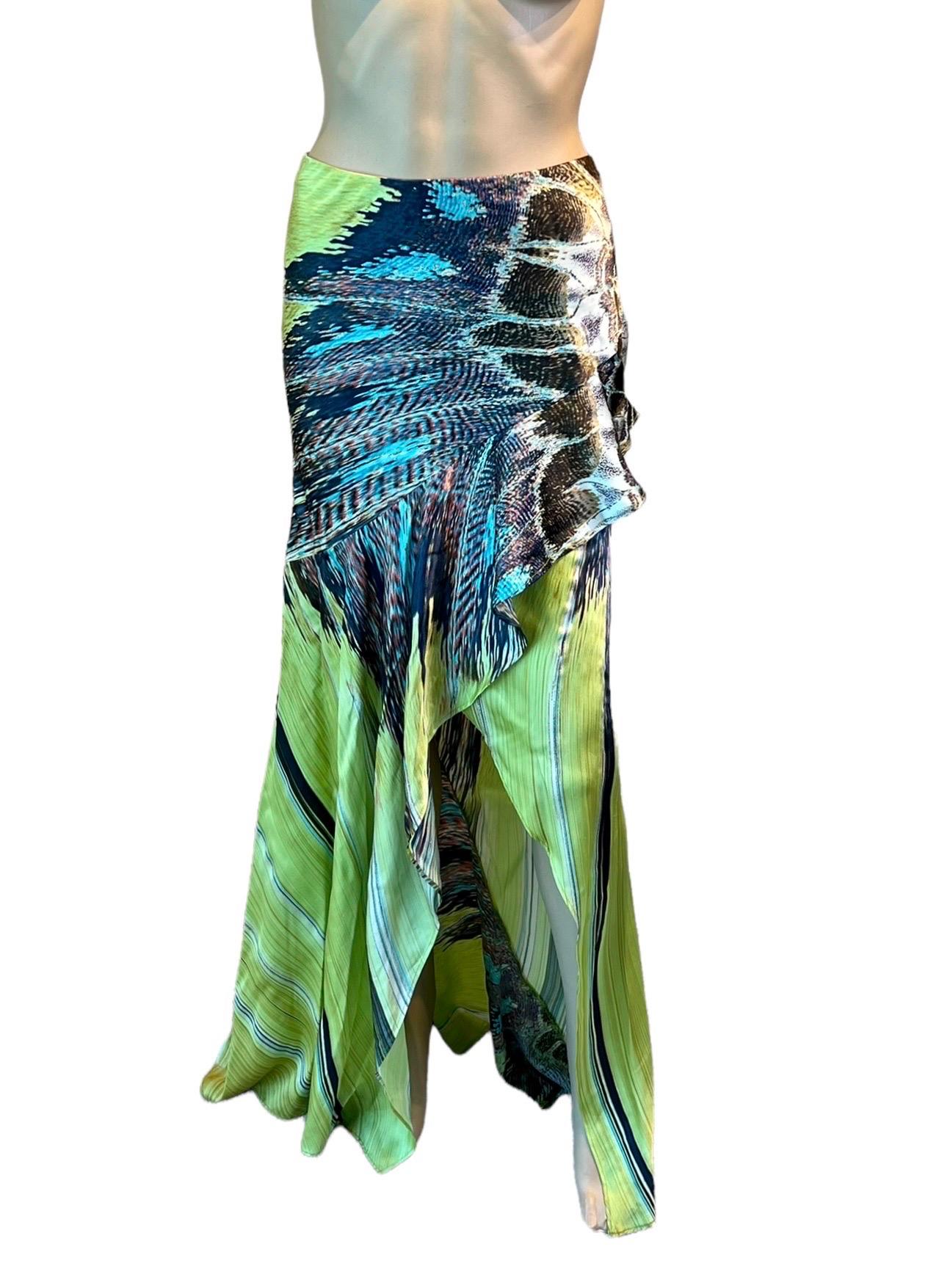 Roberto Cavalli S/S 2004 Asymmetric High-Low Feather Print Silk Train Maxi Skirt For Sale 4