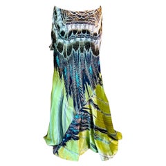 Roberto Cavalli P/E 2004 Maxi gonna asimmetrica a strascico in seta con stampa piuma