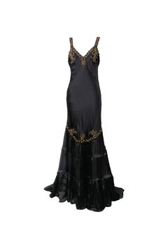 ROBERTO CAVALLI S/s 2004 Black Gold Beaded Embroidery Scrollwork Silk Dress Gown
