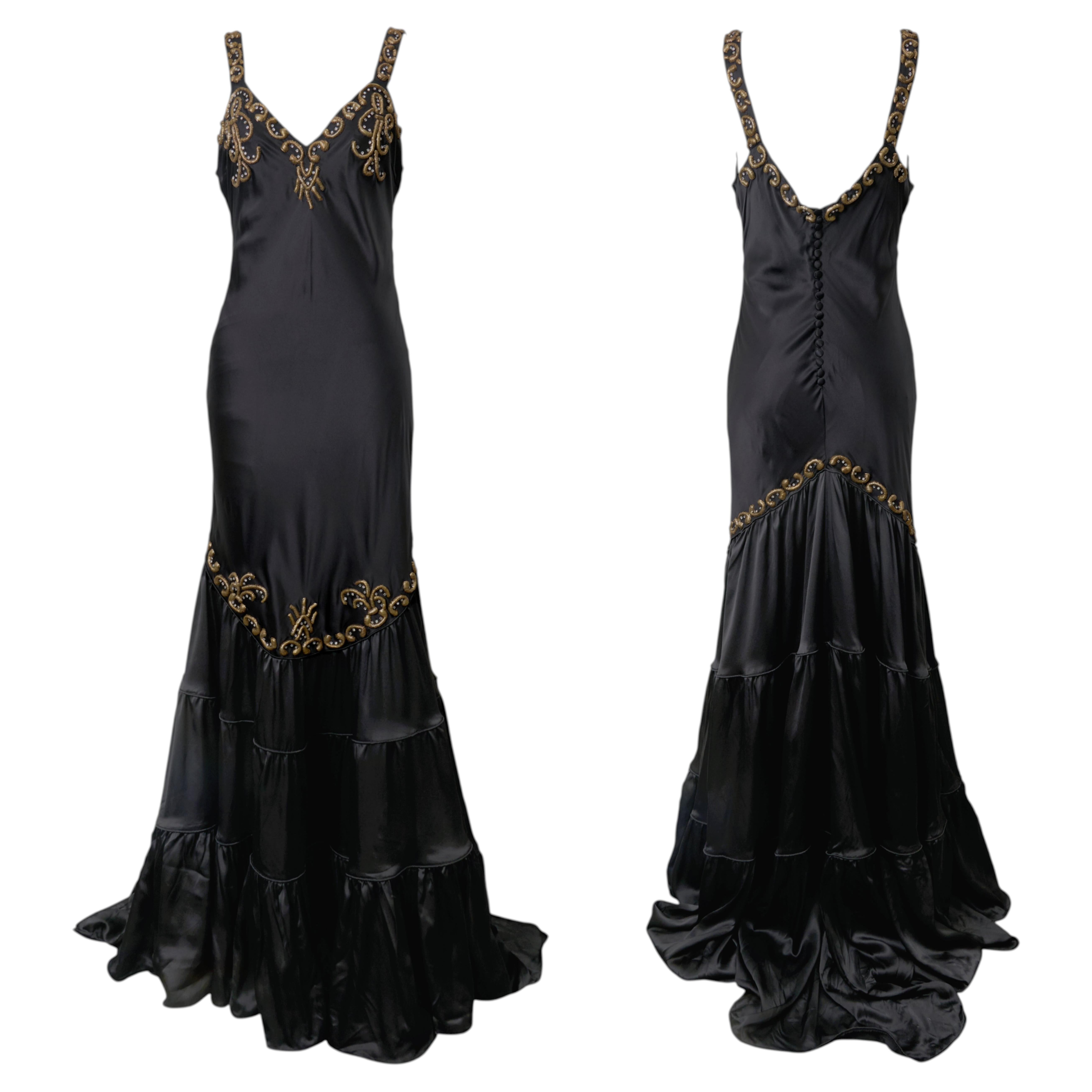 ROBERTO CAVALLI S/s 2004 Bata de seda con bordado de cuentas dorado negro en venta