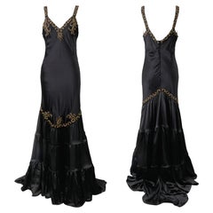 ROBERTO CAVALLI S/s 2004 Black Gold Beaded Embroidery Scrollwork Silk Dress Gown