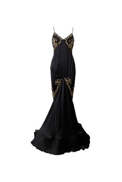 ROBERTO CAVALLI S/s 2004 Black Gold Embroidery Fishtail Silk Slip Dress Gown