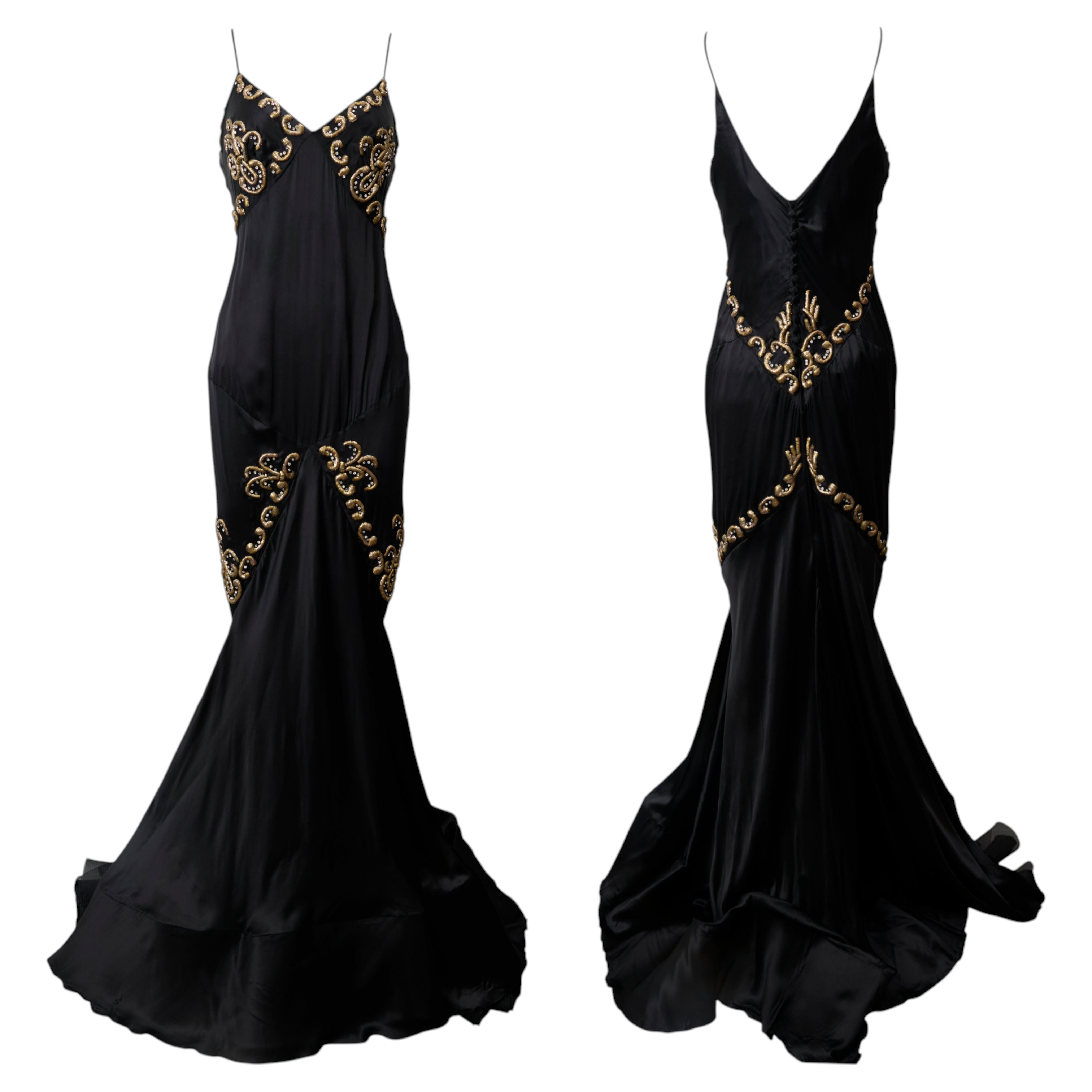 ROBERTO CAVALLI S/s 2004 Black Gold Embroidery Fishtail Silk Slip Dress Gown