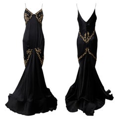 ROBERTO CAVALLI S/s 2004 Black Gold Embroidery Fishtail Silk Slip Dress Gown