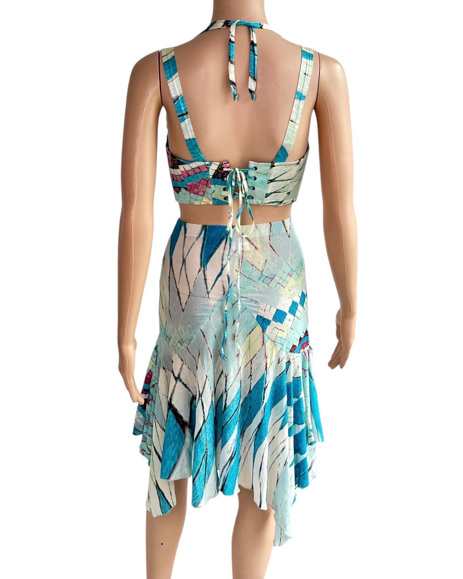 Gris Roberto Cavalli S/S 2004 Bustier Bra Crop Top & Mini Skirt Ensemble 2 Pieces en vente