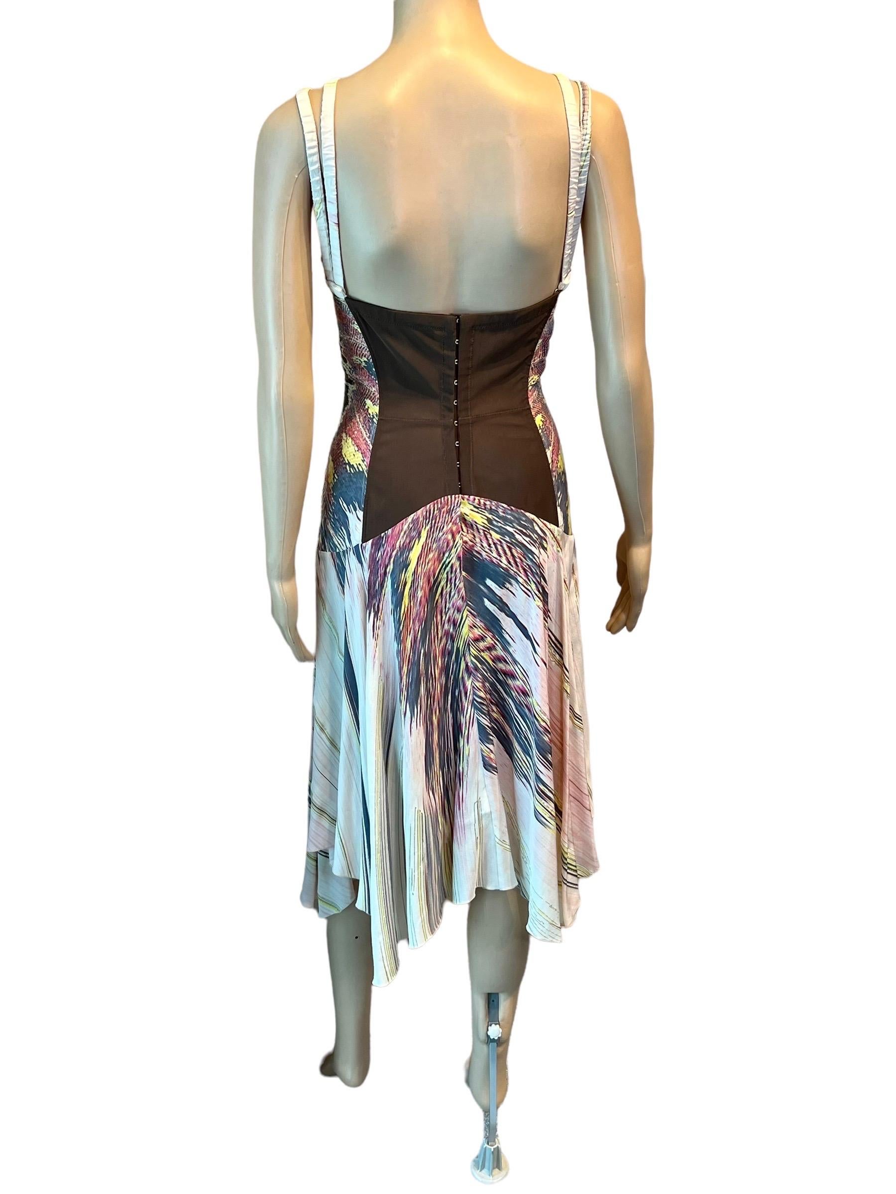 Roberto Cavalli S/S 2004 Bustier Corset Plunging Neckline Feather Print Dress For Sale 4