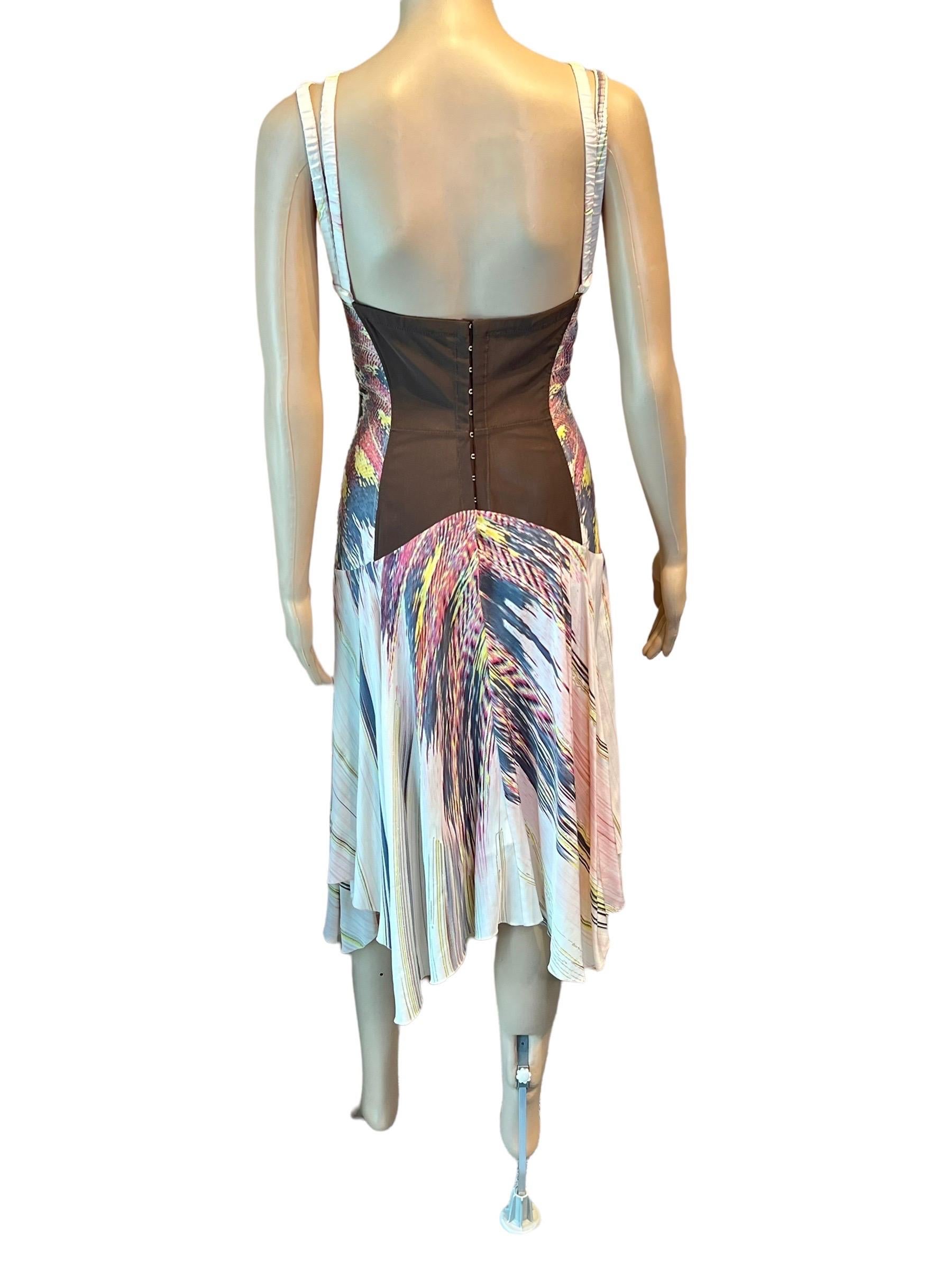 Roberto Cavalli S/S 2004 Bustier Corset Plunging Neckline Feather Print Dress For Sale 5