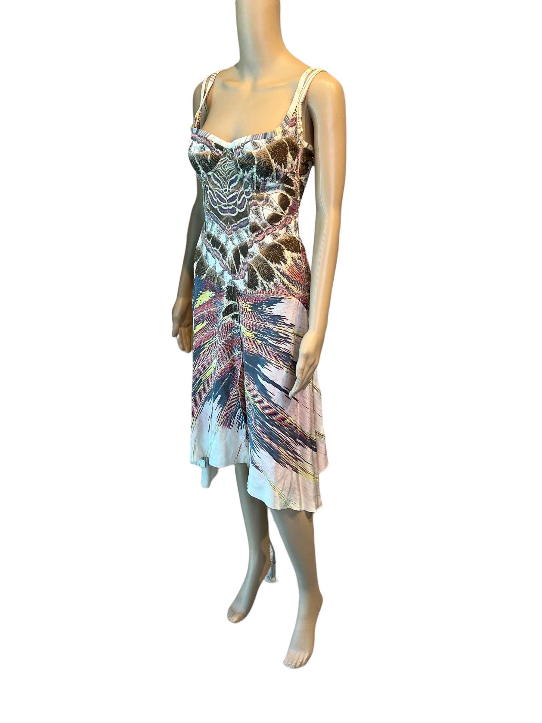 Gray Roberto Cavalli S/S 2004 Bustier Corset Plunging Neckline Feather Print Dress For Sale