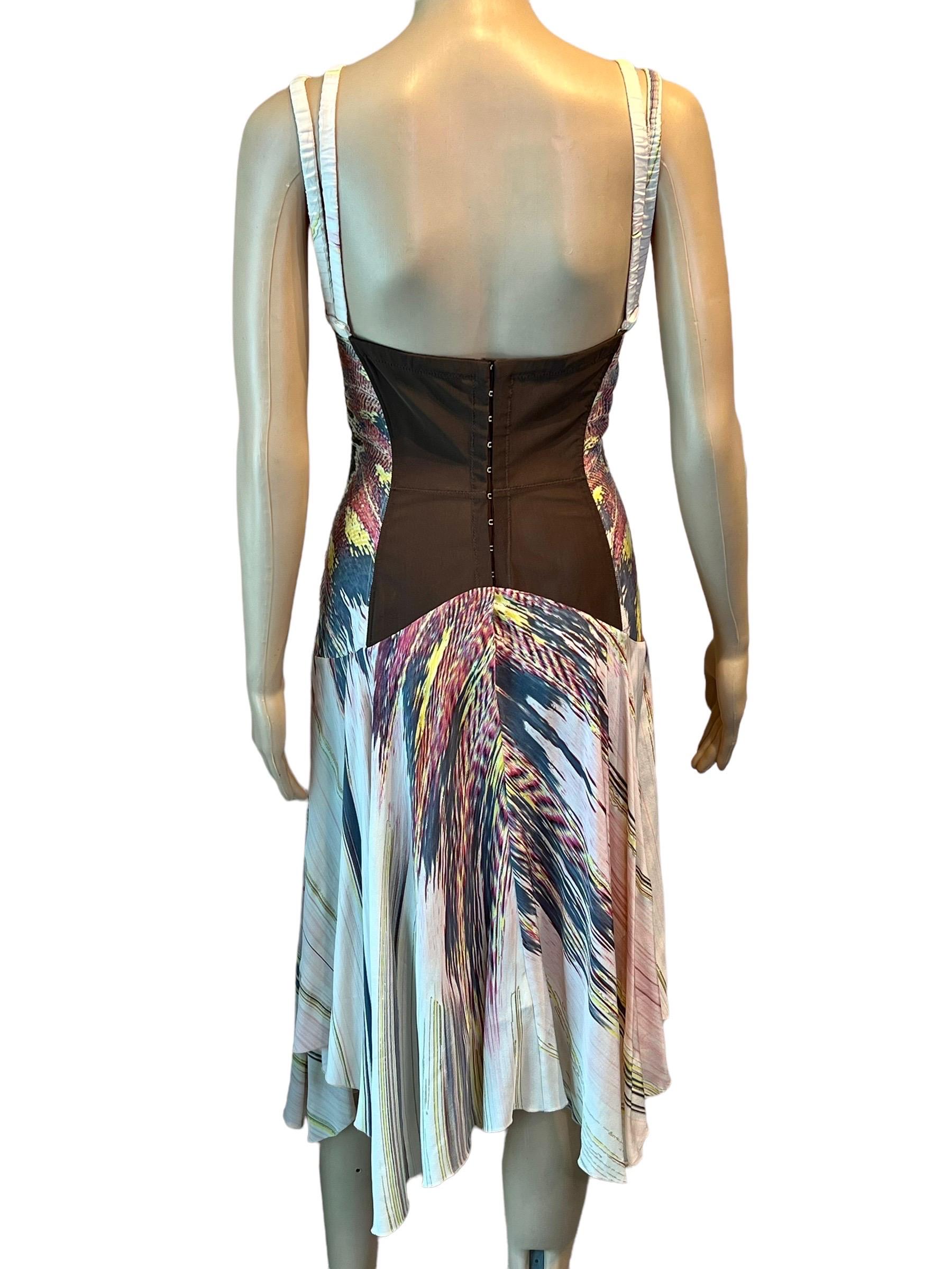 Roberto Cavalli S/S 2004 Bustier Corset Plunging Neckline Feather Print Dress In Good Condition For Sale In Naples, FL