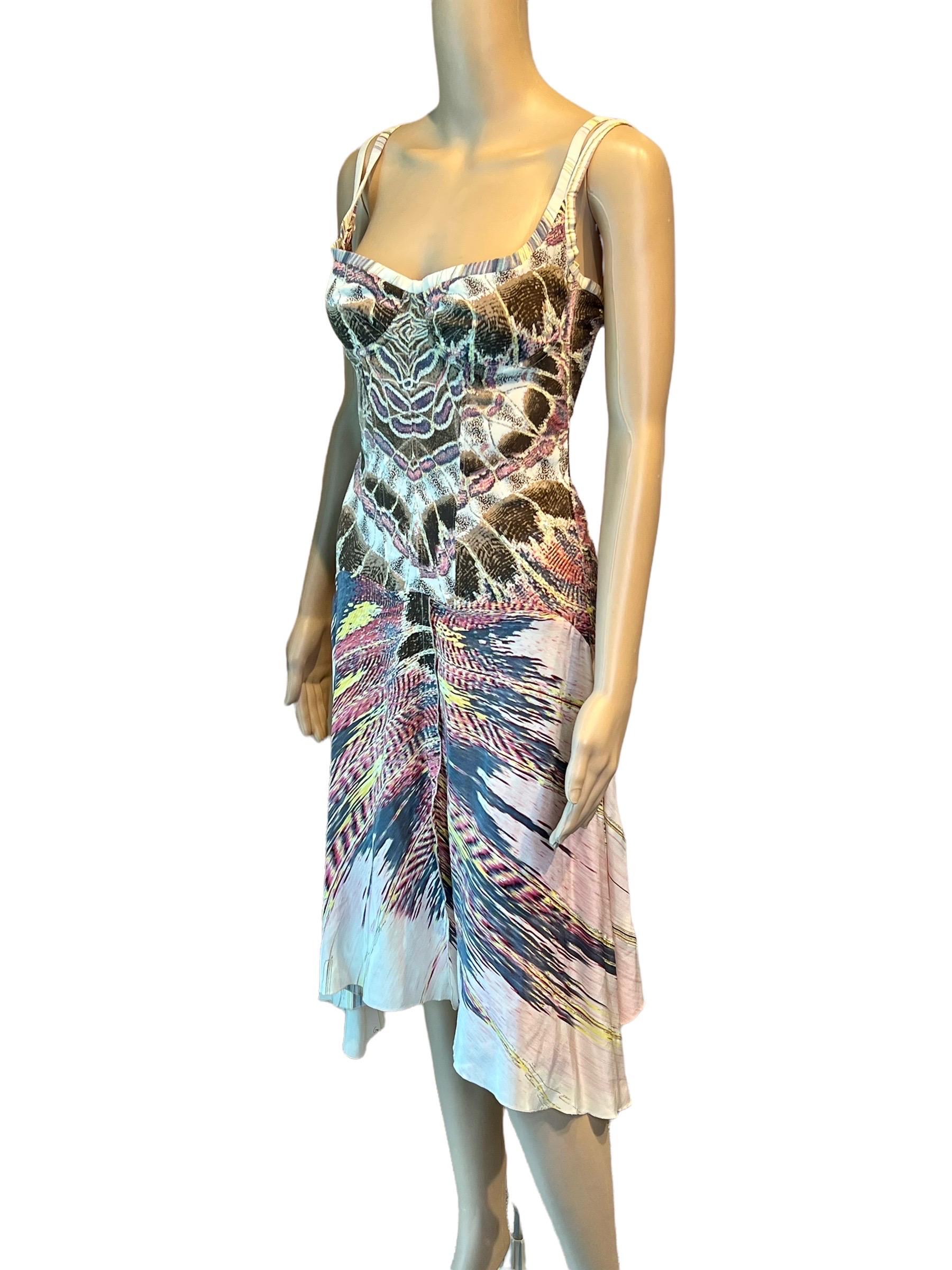 Women's Roberto Cavalli S/S 2004 Bustier Corset Plunging Neckline Feather Print Dress For Sale