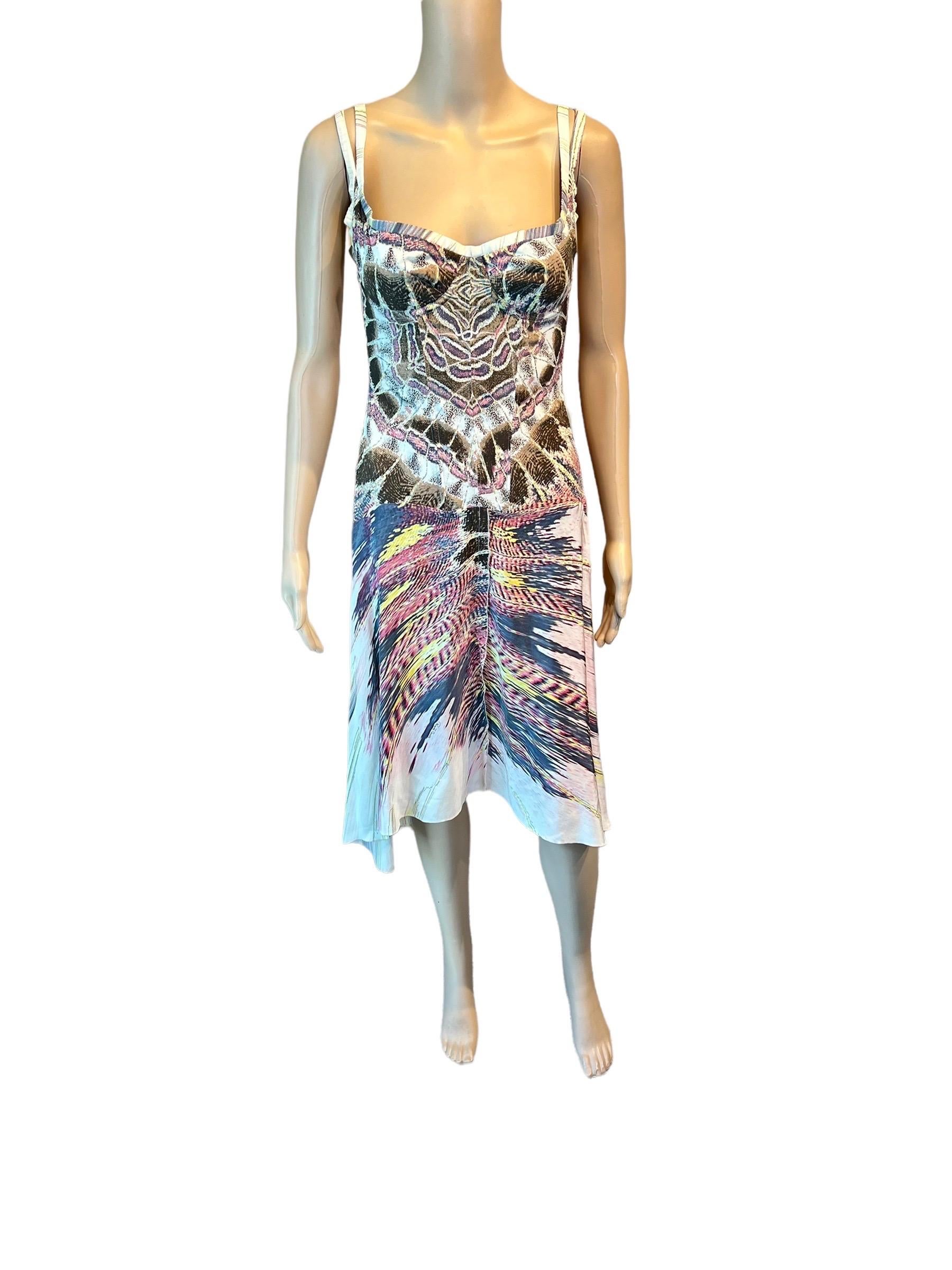 Roberto Cavalli S/S 2004 Bustier Corset Plunging Neckline Feather Print Dress For Sale 1