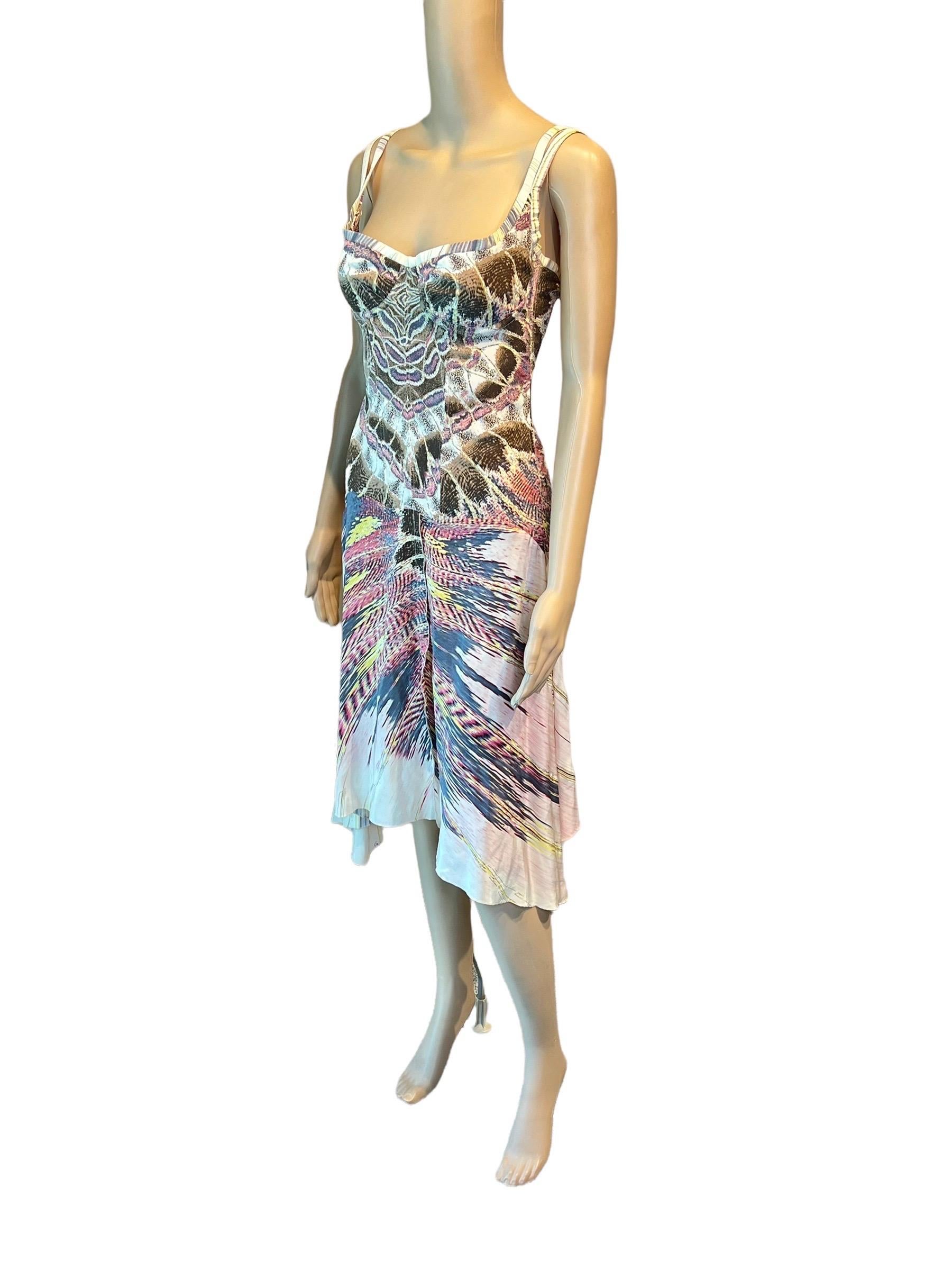 Roberto Cavalli S/S 2004 Bustier Corset Plunging Neckline Feather Print Dress For Sale 3