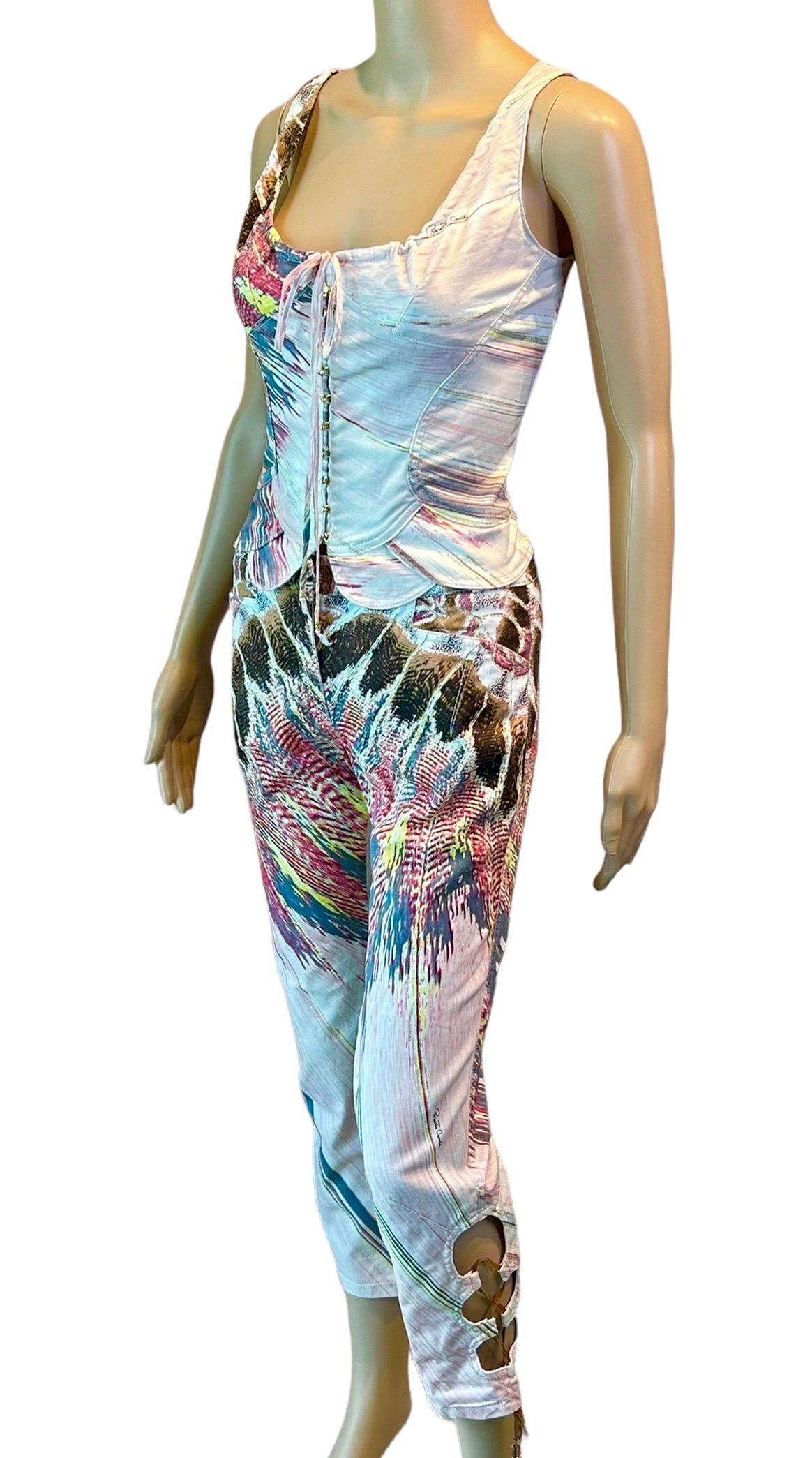 Roberto Cavalli S/S 2004 Feather Print Bustier Corset Top & Pants Ensemble 2 Piece Set Size S/XS

Please note bustier top is size XS and the pants are size S.


