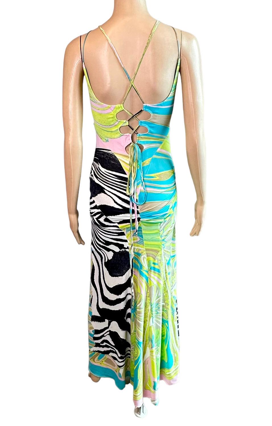 Beige Roberto Cavalli S/S 2004 Cutout Lace Up Plunging Neckline Maxi Evening Dress