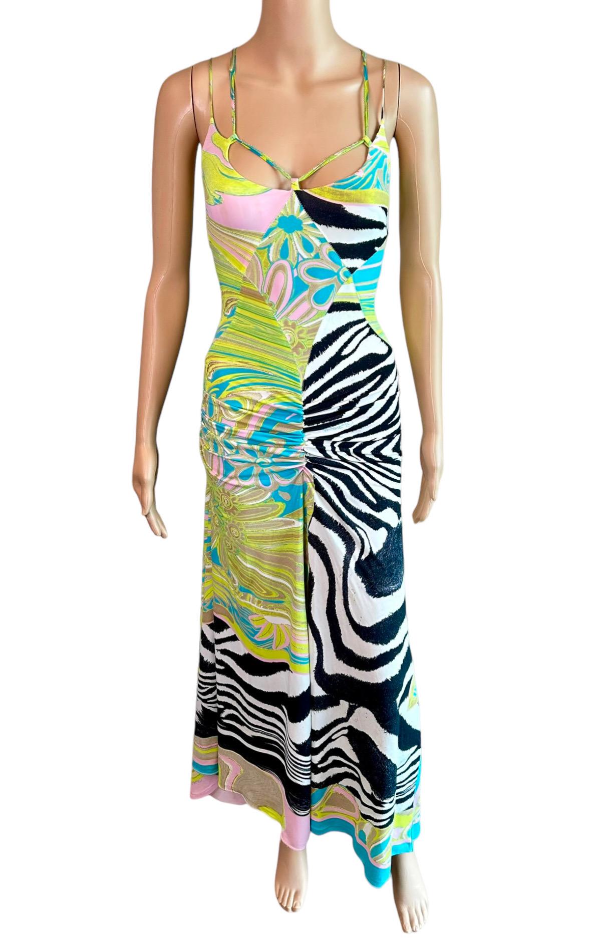 Women's Roberto Cavalli S/S 2004 Cutout Lace Up Plunging Neckline Maxi Evening Dress For Sale