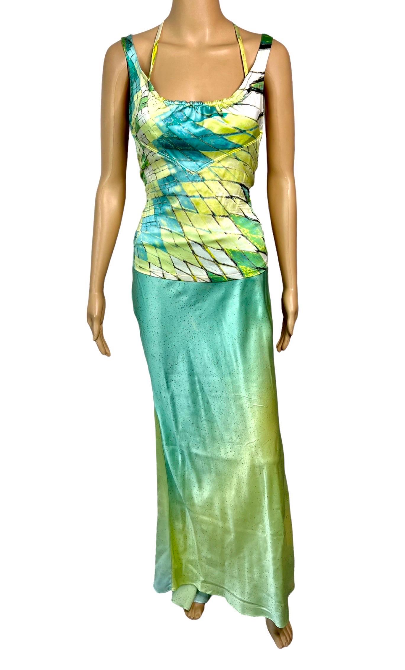 Green Roberto Cavalli S/S 2004 Feather Embellished Halter Top & Maxi Skirt 2 Piece Set For Sale