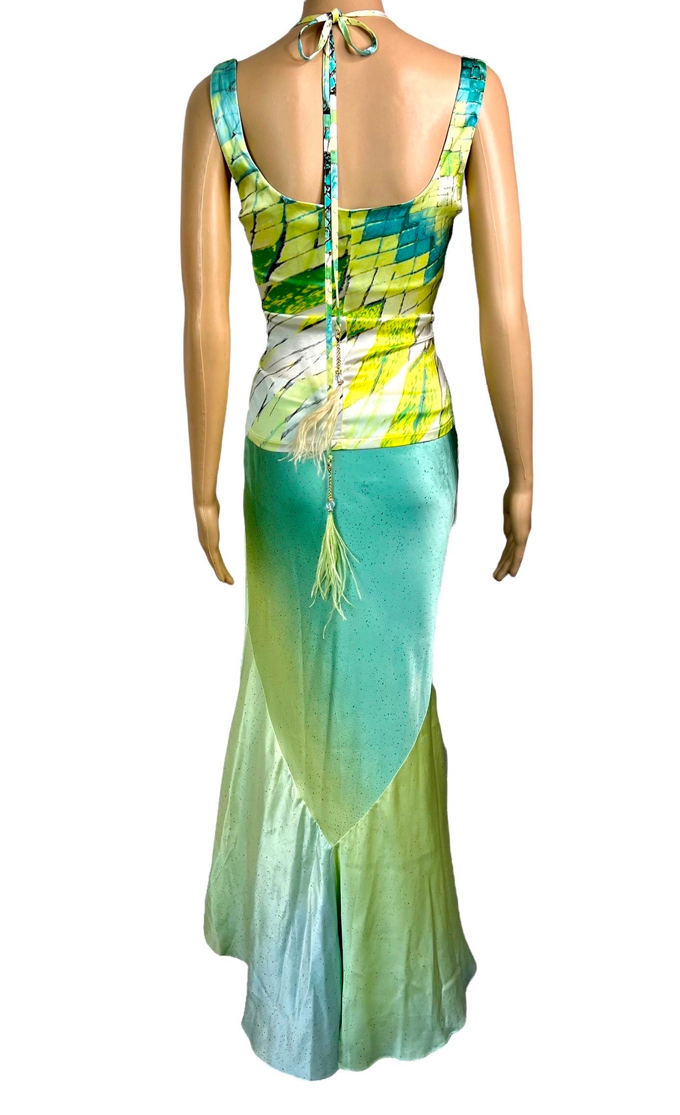 Roberto Cavalli S/S 2004 Feather Embellished Halter Top & Maxi Skirt 2 Piece Set In Good Condition For Sale In Naples, FL