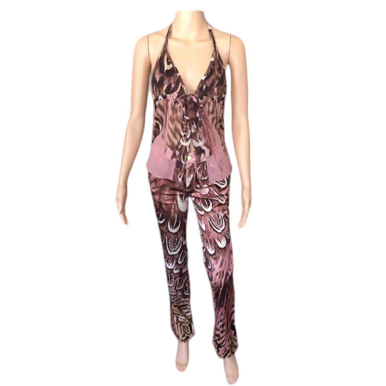 Roberto Cavalli S/S 2005 Feather Print Halter Top & Pants 2 Piece Set Ensemble In Excellent Condition For Sale In Naples, FL