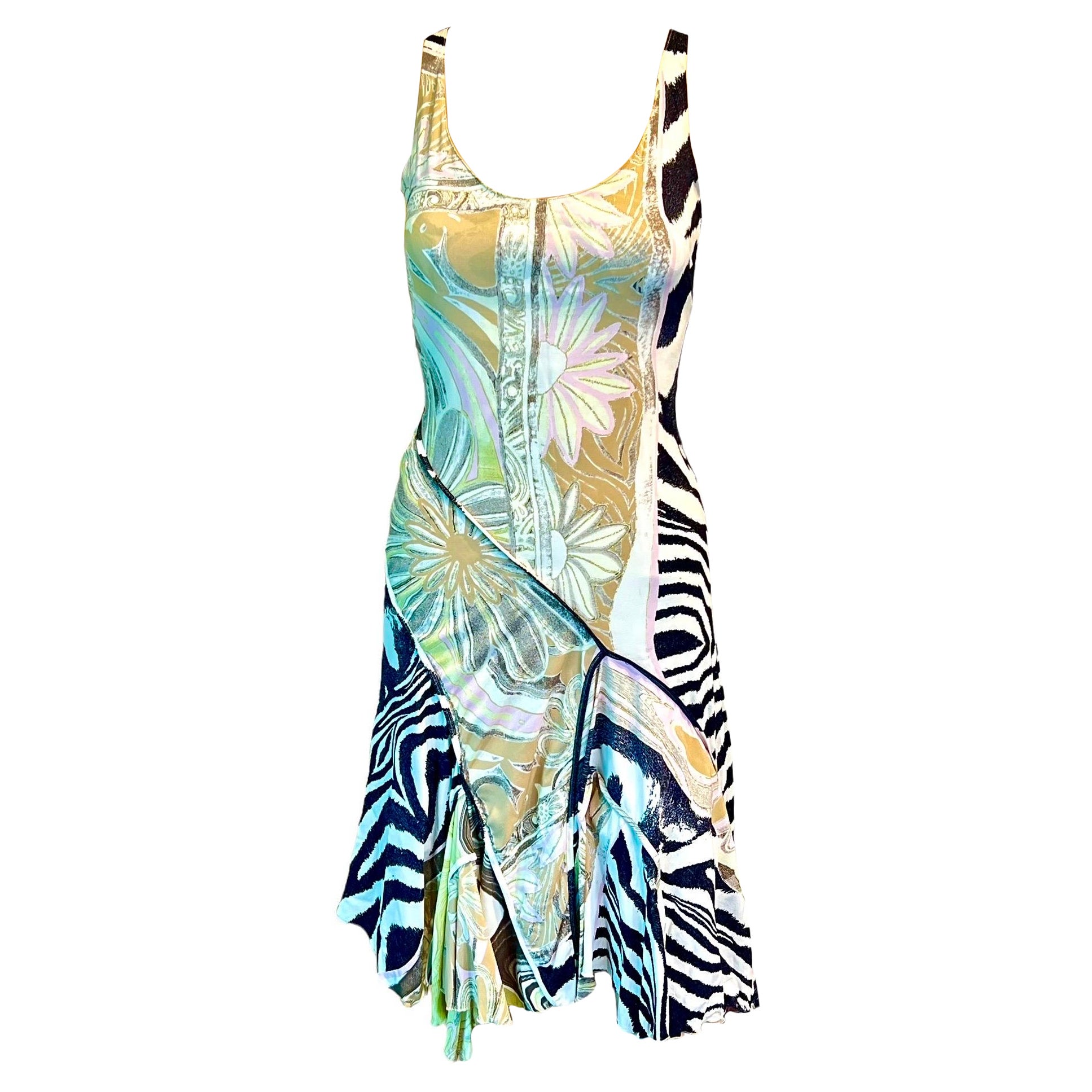 Roberto Cavalli F/S 2004 Asymmetrisches Kleid mit abstraktem Blumendruck und abstraktem Druck