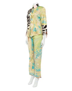 Set Roberto Cavalli Primavera/Estate 2004 composto da top in seta con stampa zebra verde e jeans