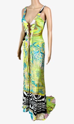 Roberto Cavalli S/S 2004 Lace Up Plunging Neckline Maxi Evening Dress Gown