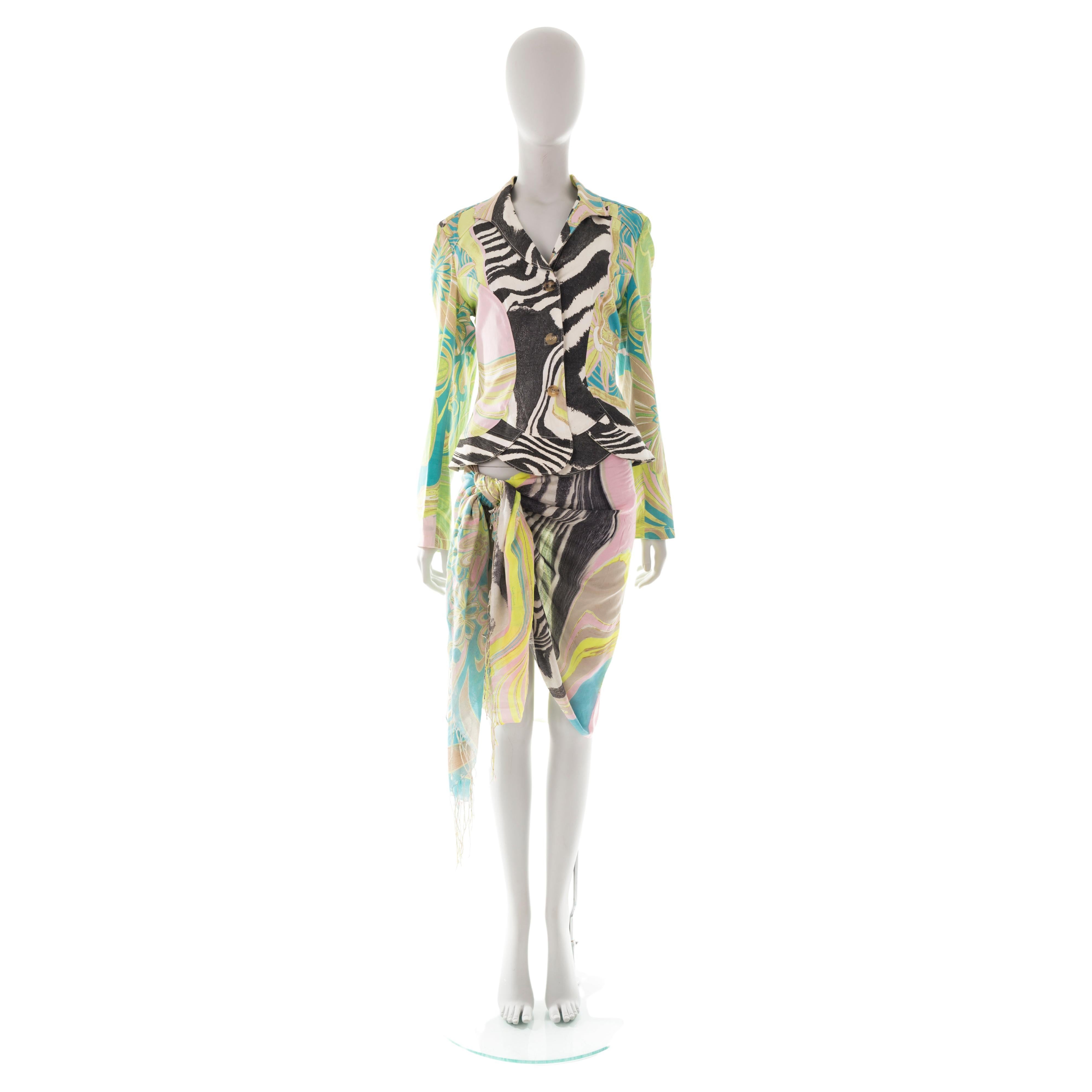 - Roberto Cavalli jacket + sarong set
- Sold by Gold Palms Vintage
- Spring/Summer 2004
- Cotton button-up jacket
- Fringed foulard (which can be styled at will)
- Zebra print + abstract green/blue floral print
- Size