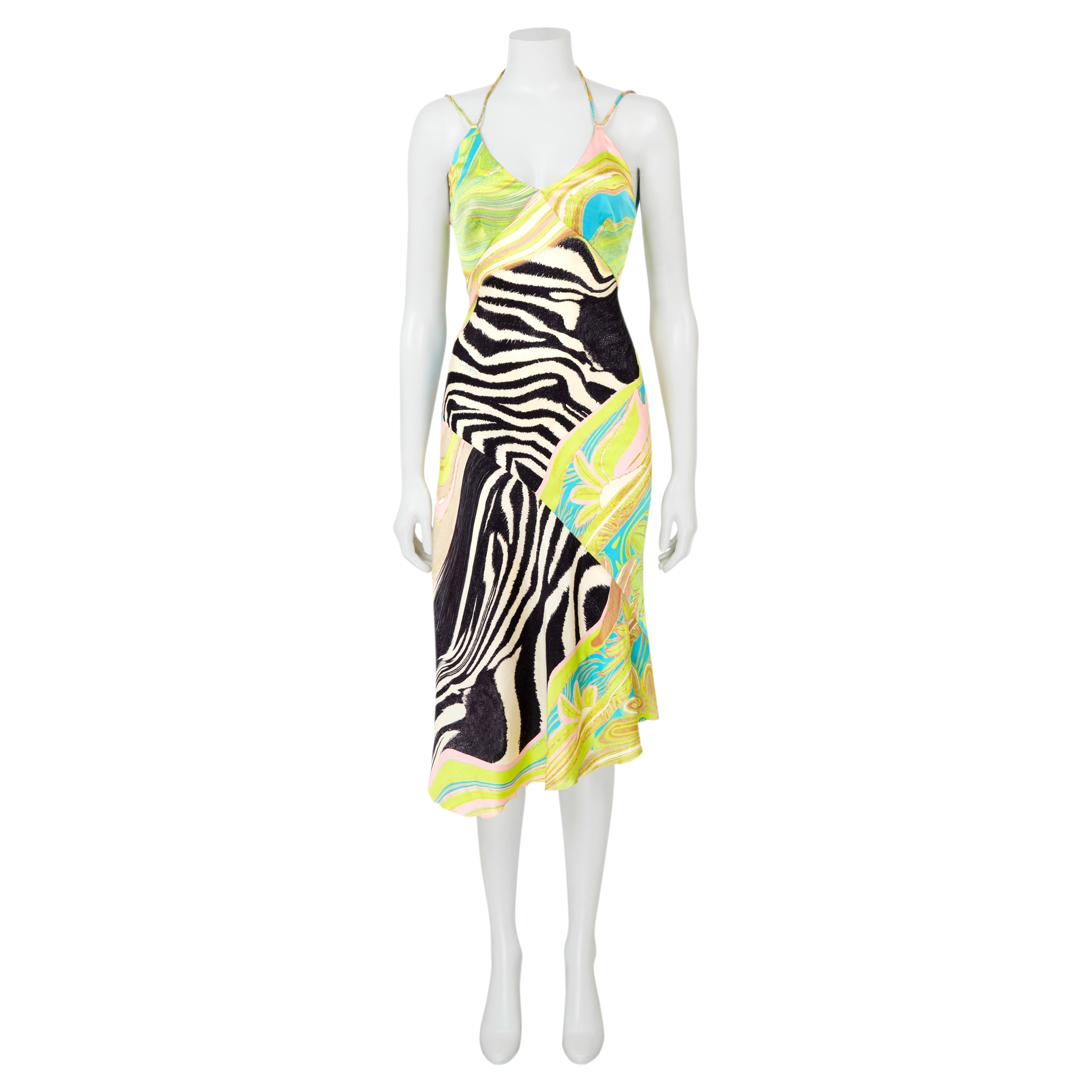 Robe en soie à imprimé animalier en patchwork Roberto Cavalli, collection printemps-été 2004 en vente