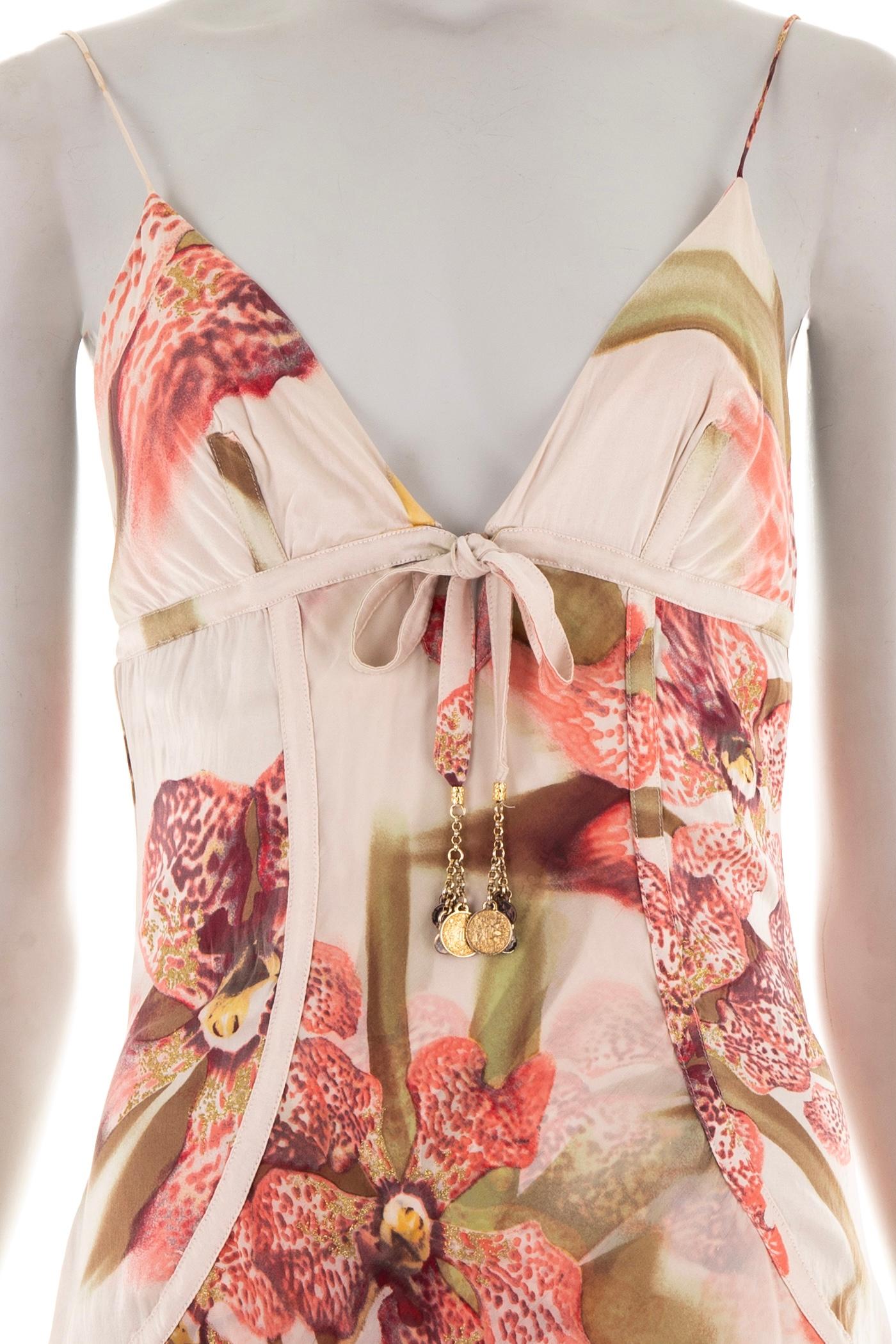 Beige Roberto Cavalli S/S 2004 pink Lily print silk mini dress