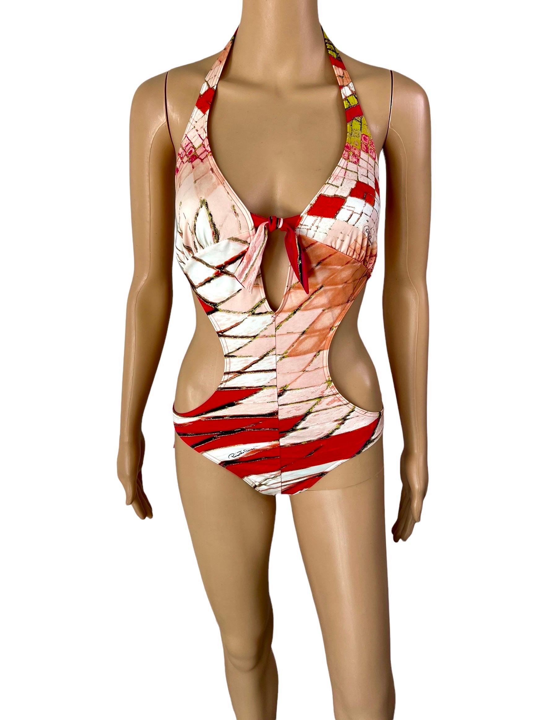 Beige Roberto Cavalli S/S 2004 Plunging Cutout One Piece Bodysuit Swimwear Swimsuit For Sale