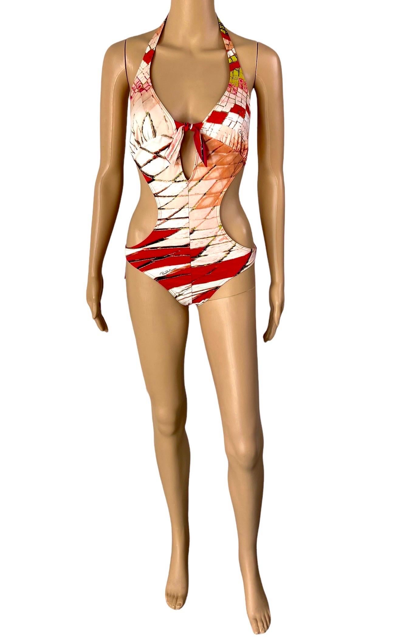 Roberto Cavalli S/S 2004 Plunging Cutout One Piece Bodysuit Swimwear Swimsuit In Excellent Condition For Sale In Naples, FL