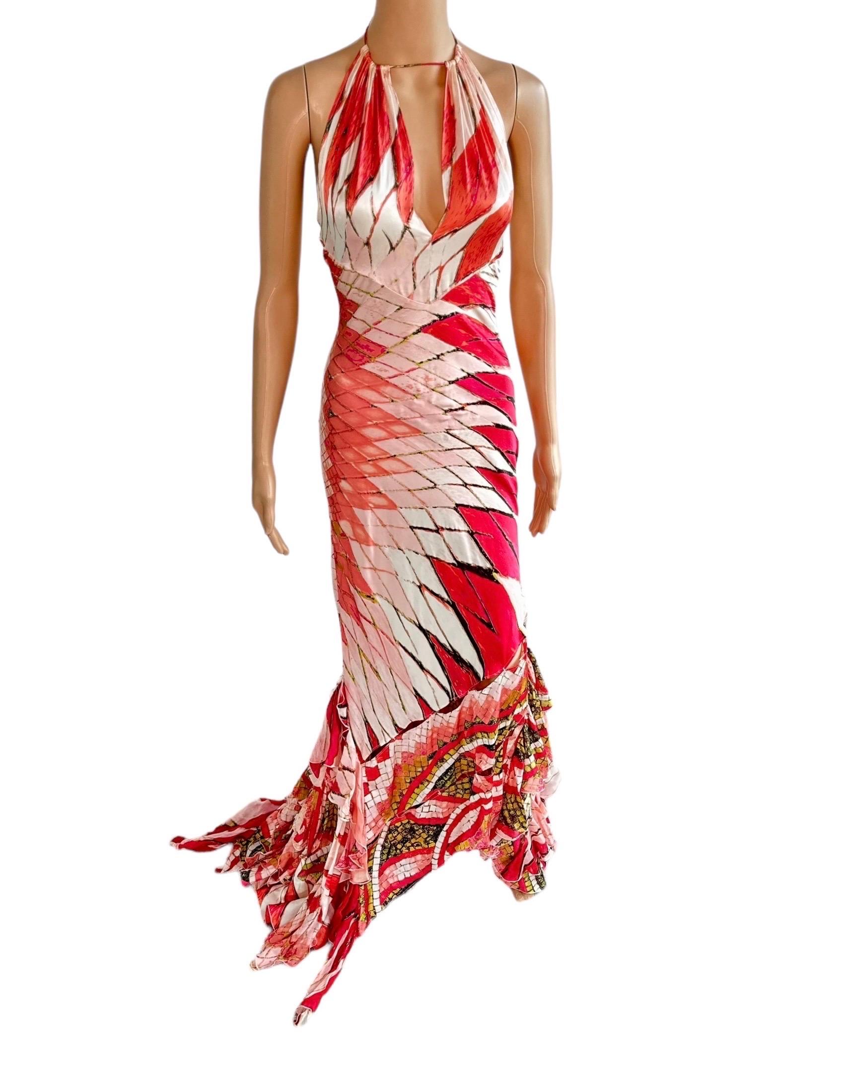 Roberto Cavalli S/S 2004 Plunging Cutout Ruffle Train Silk Evening Dress Gown For Sale 5