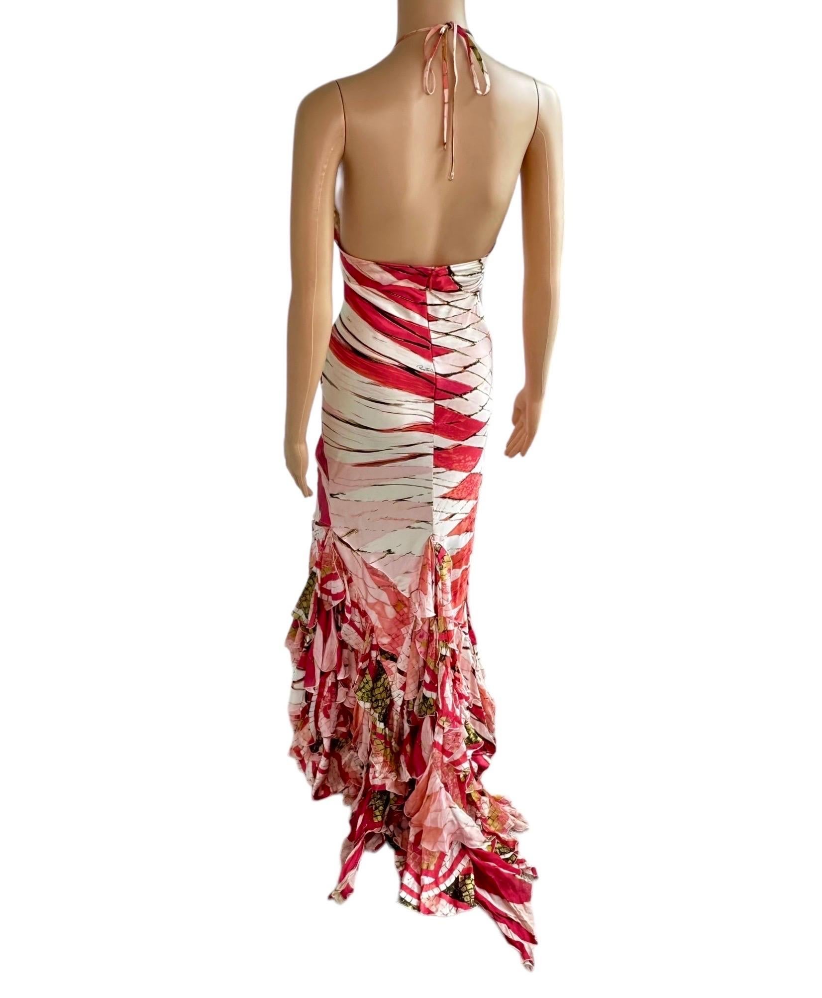 Roberto Cavalli S/S 2004 Plunging Cutout Ruffle Train Silk Evening Dress Gown For Sale 6