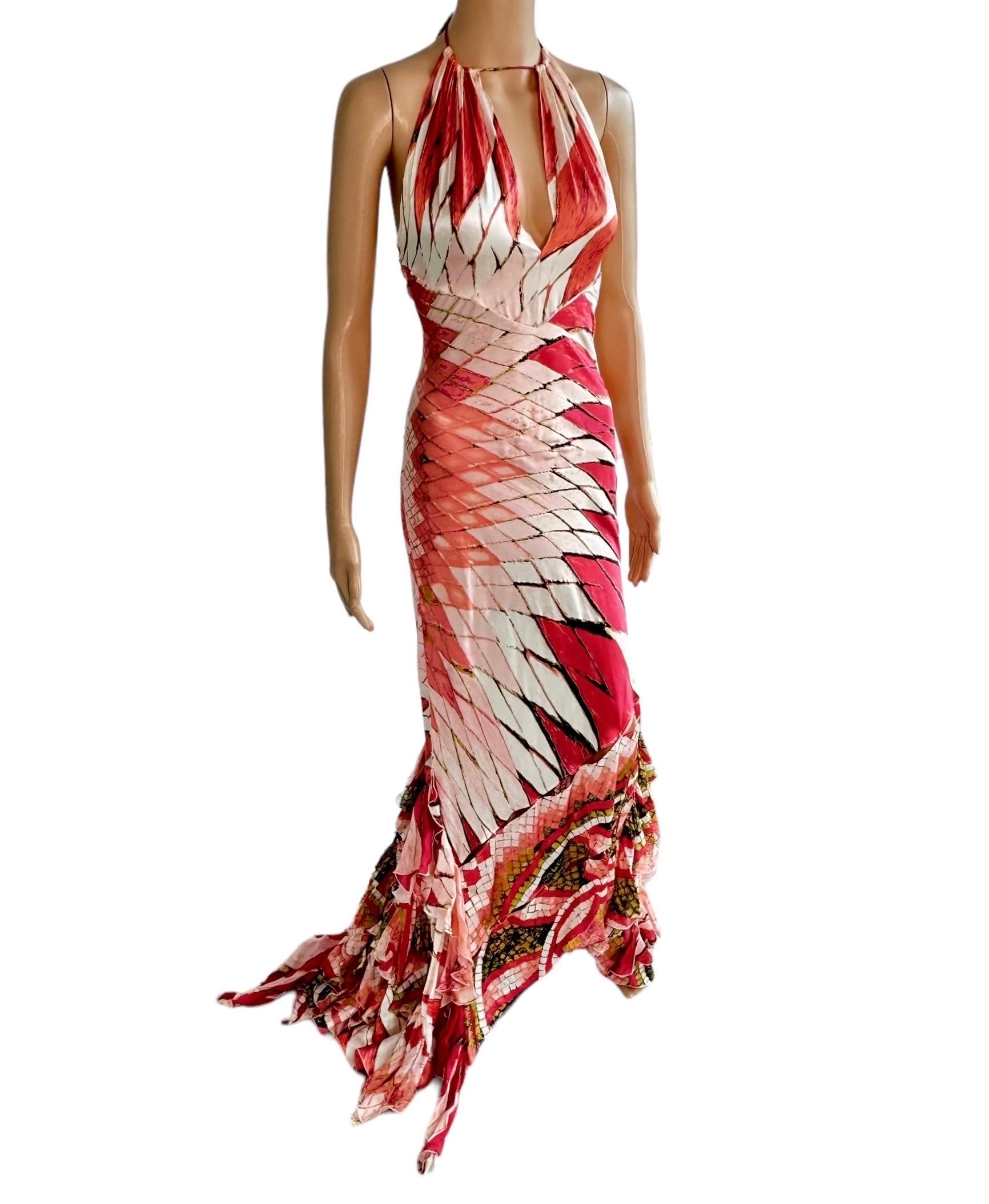 Roberto Cavalli S/S 2004 Plunging Cutout Ruffle Train Silk Evening Dress Gown For Sale 7